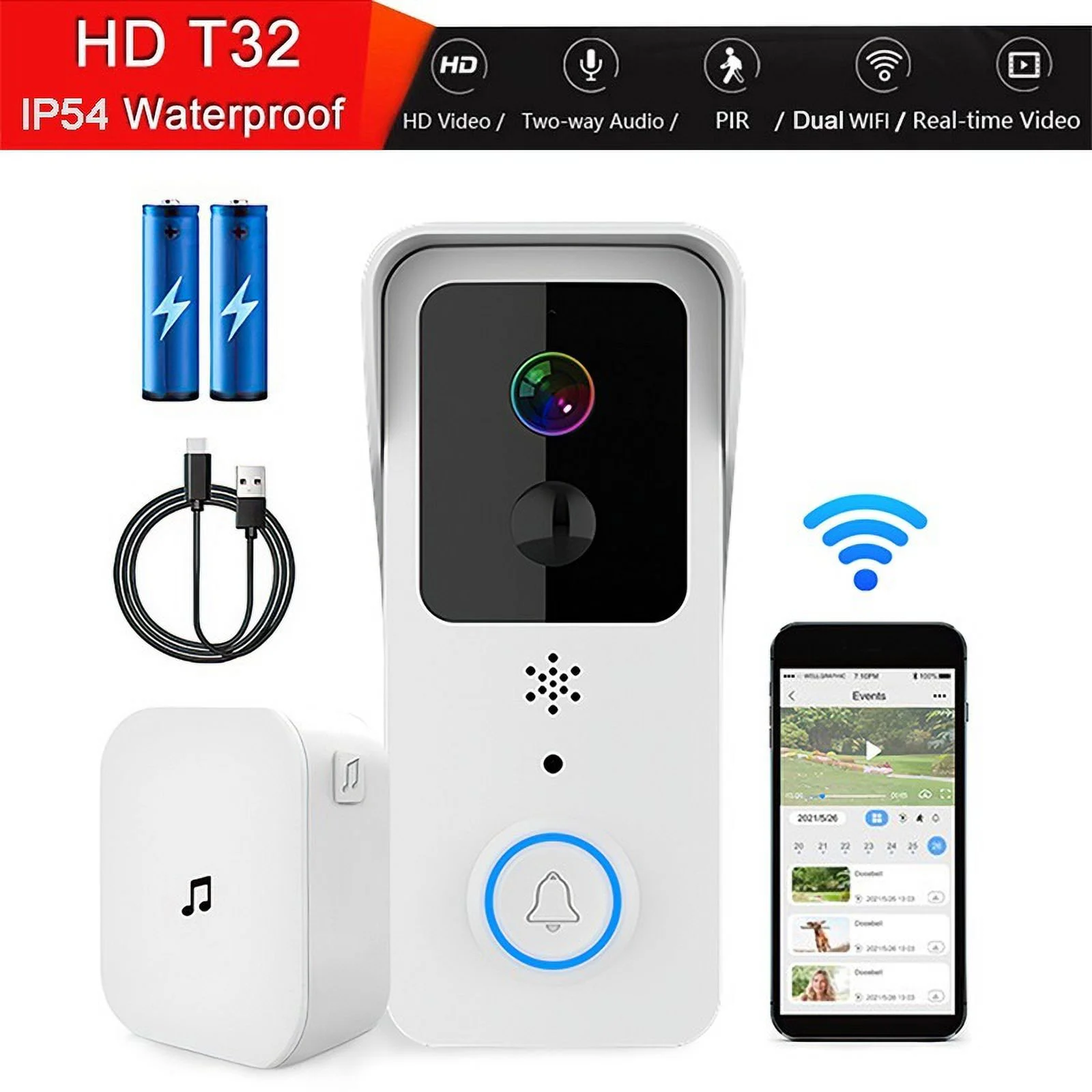 1080P Video Doorbell 5G Dual Outdoor Door Bell Waterproof IP54 Battery Intercom Smart Home Wireless Door Phone Camera ,Smart Detection(Black) - Image 4