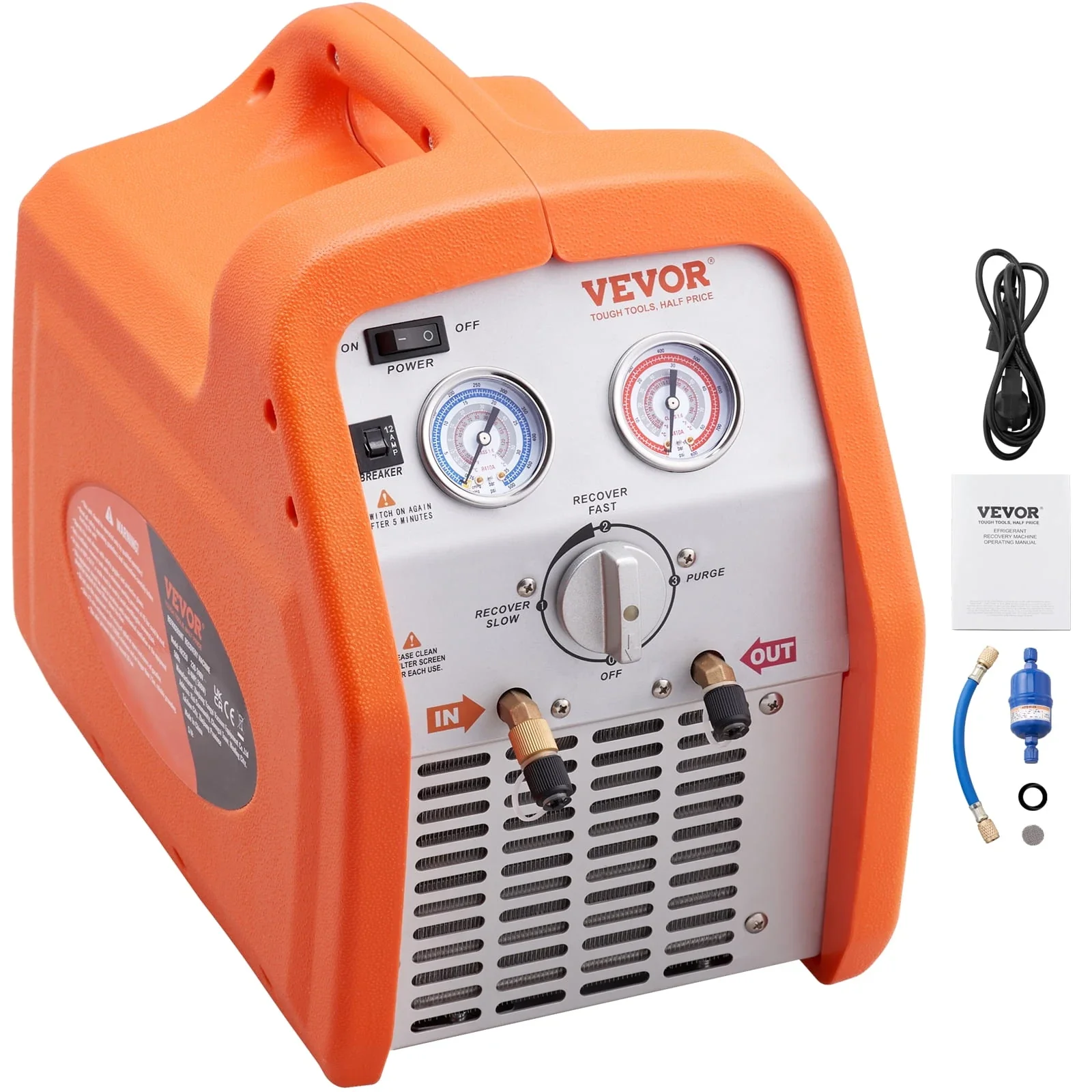 VEVOR 3/4 HP Portable Refrigerant Recovery Machine, 120V 60Hz, High-Pressure Protection for AC and HVAC