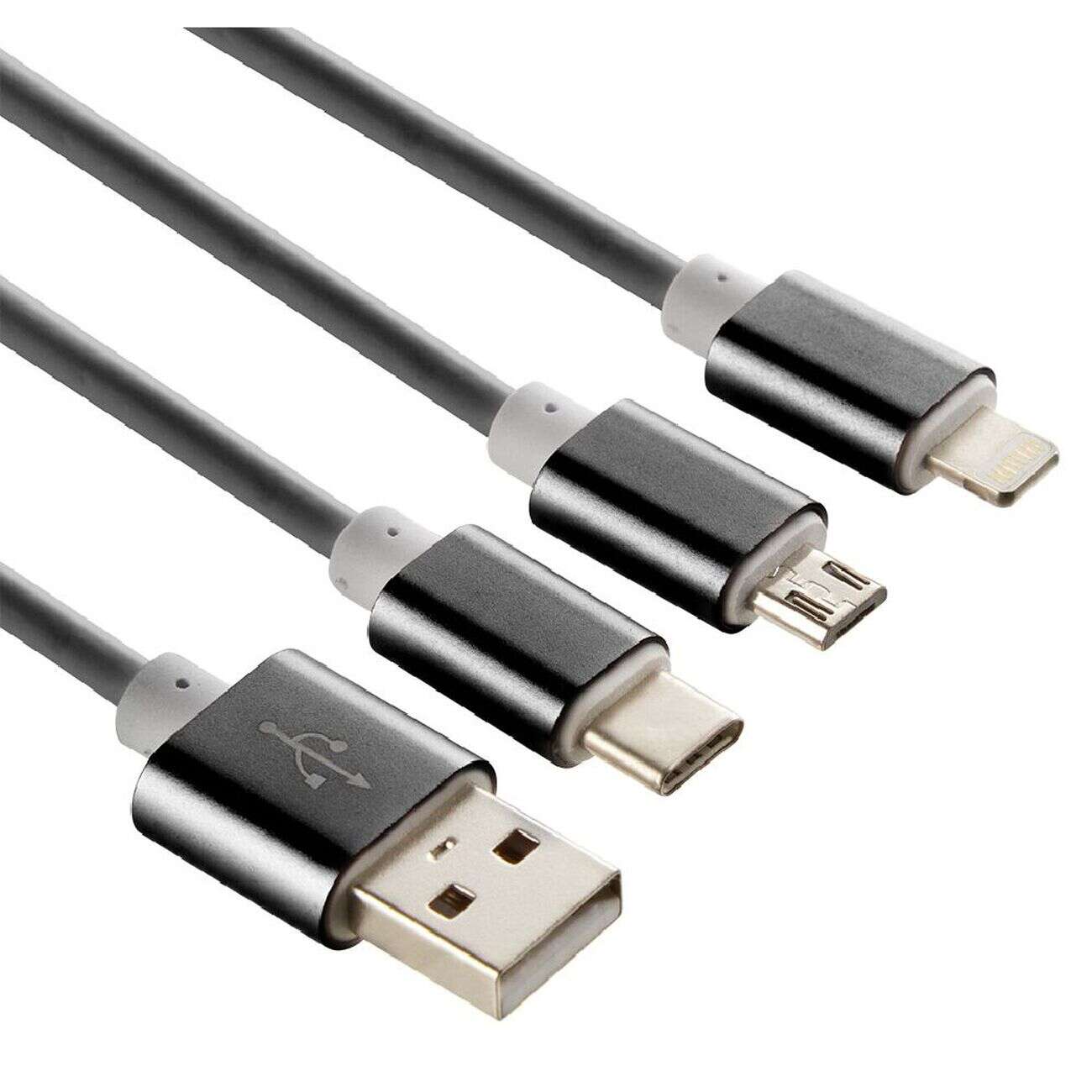 Câble USB 3 en 1 avec connecteurs USB-C/micro USB/Lightning