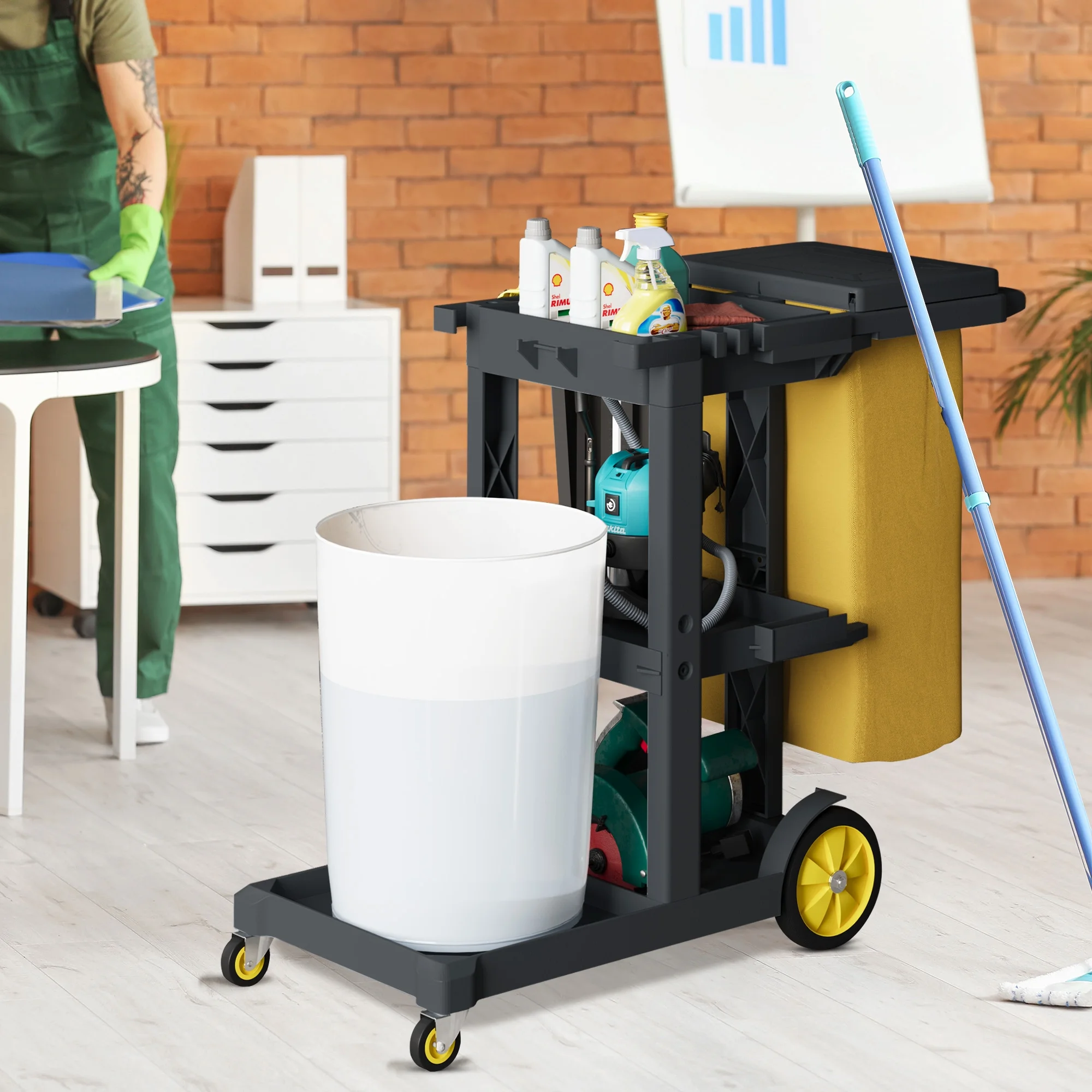Commercial Janitorial Trolley Cleaning Cart, 25 Gallon Capacity with Cover, for Housekeeping Facility Maintenance, Black(Black) - Image 7