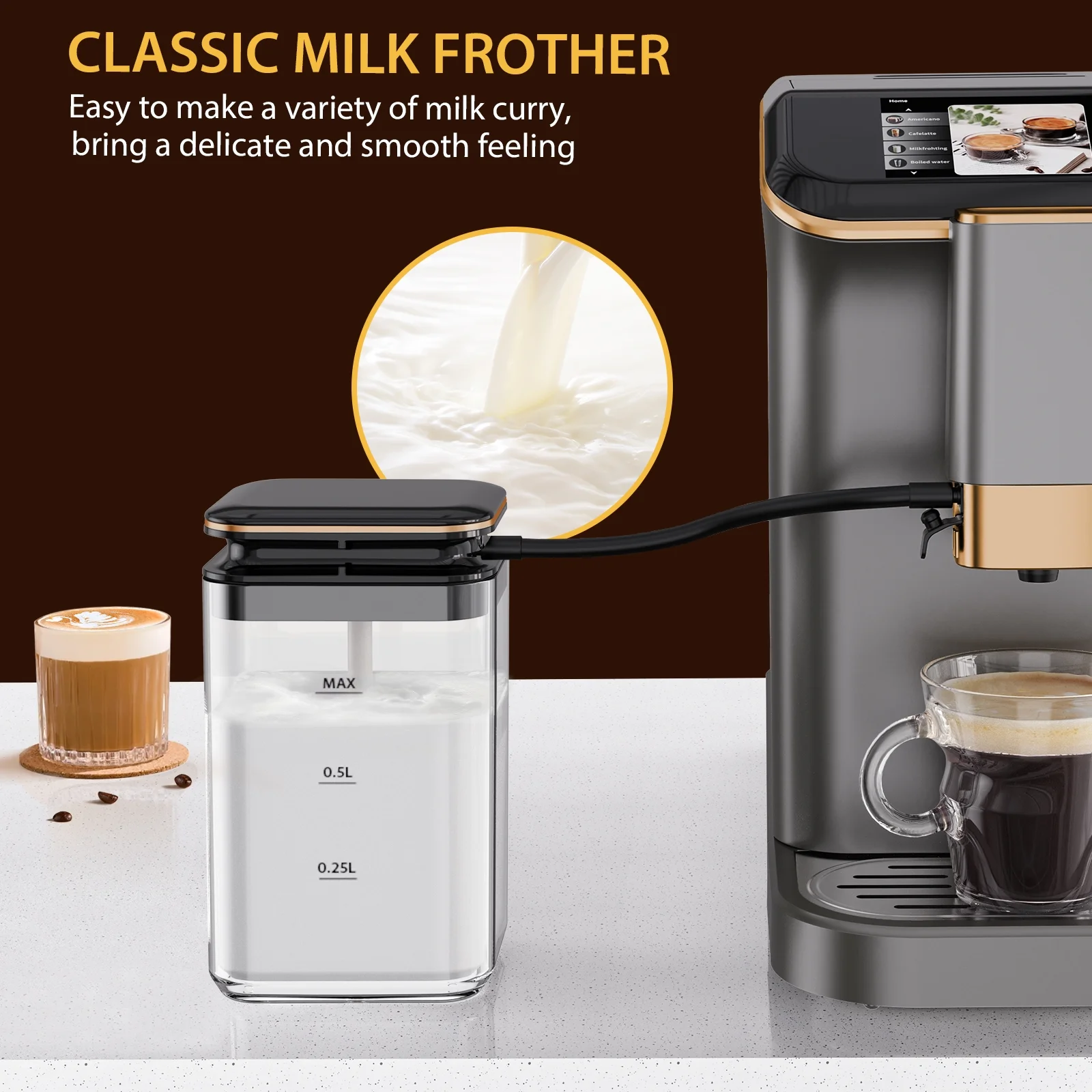 AOILE 20 - Bar Dual Boiler Espresso Machine, Self - Cleaning Coffee Maker with Grinder & LCD Touch Panel