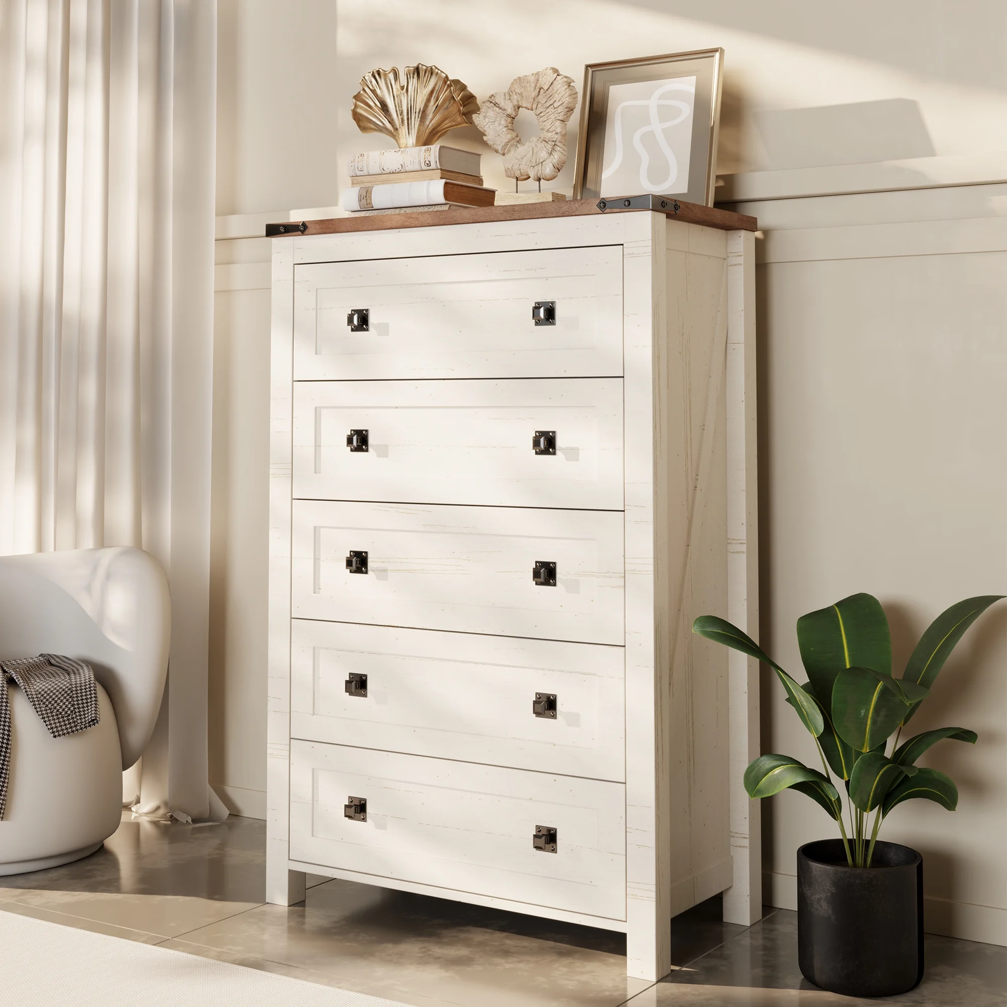Farmhouse 5 Drawer Dresser for Bedroom, Chest of Drawers Wood Organizer for Living Room, Antique White(Antique White) - Image 2