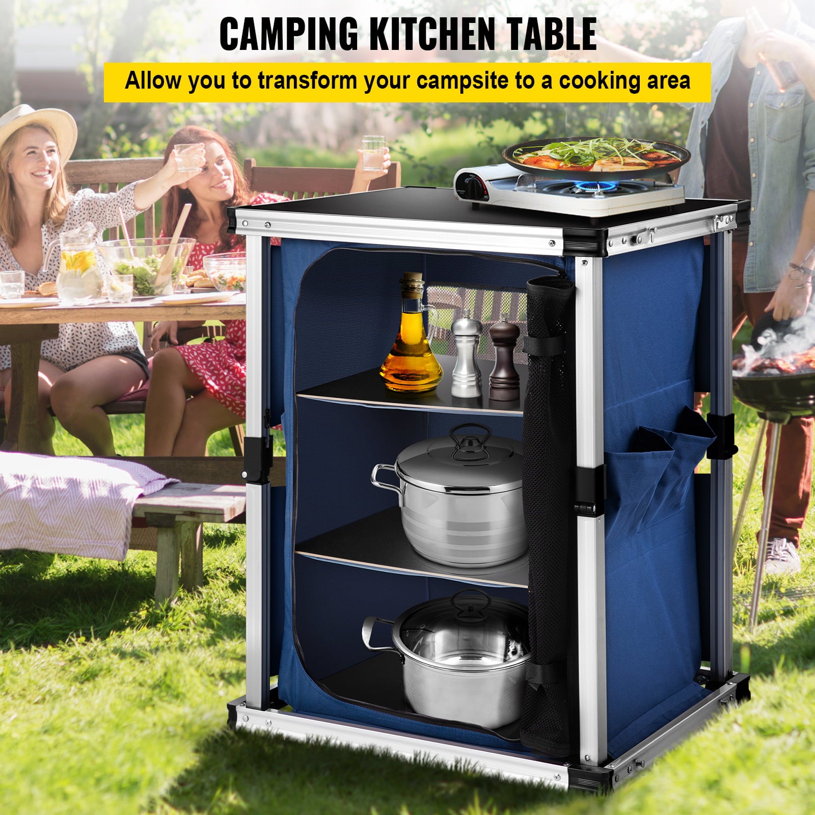 Camping Kitchen Station. Aluminum Portable Folding Cook Table with 3-Tier Storage Organizer. Side Pocket and Carrying Bag. for Outdoor BBQ Party Backyards and Tailgating. Blue