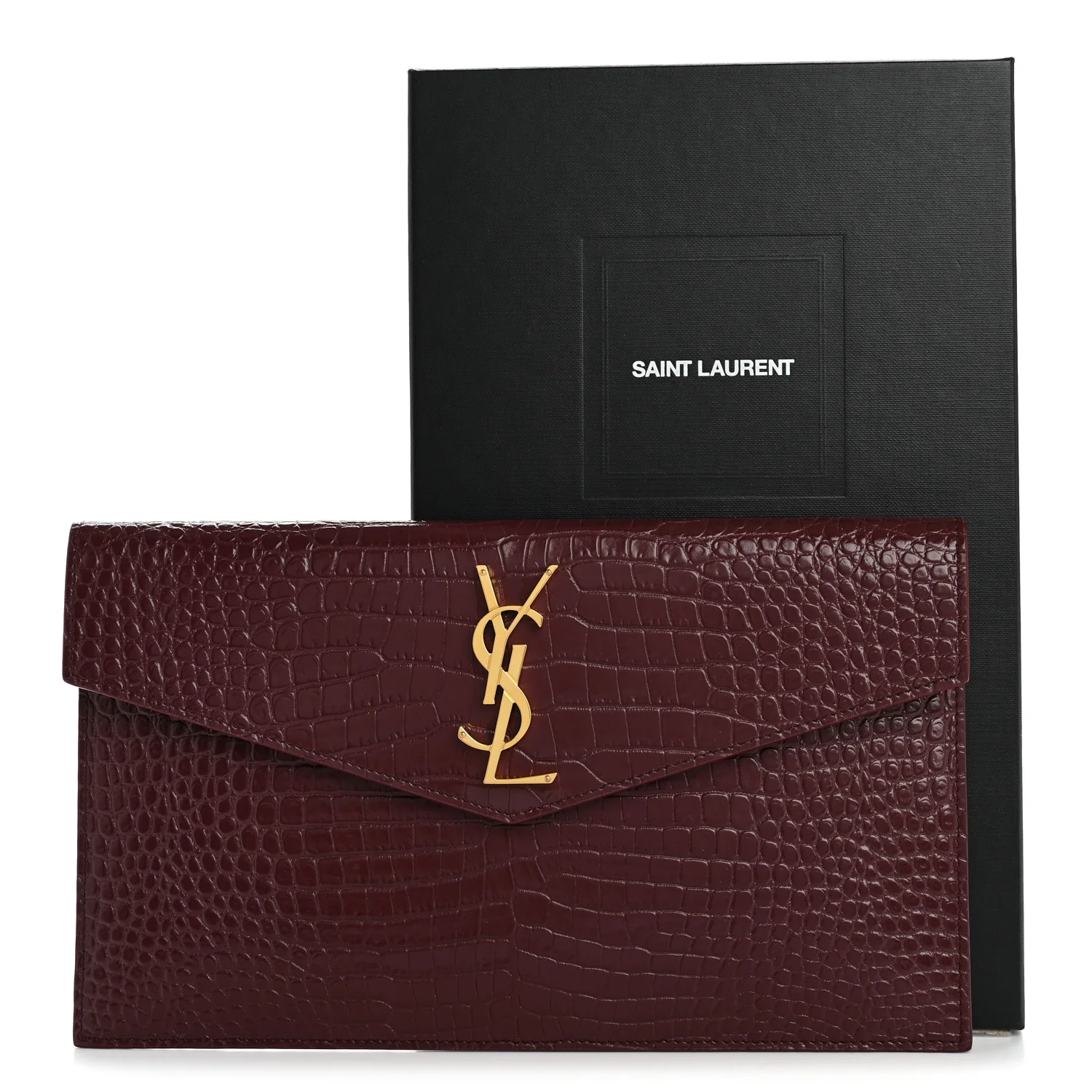 Calfskin Crocodile Embossed Uptown Monogram Clutch Rouge Legion