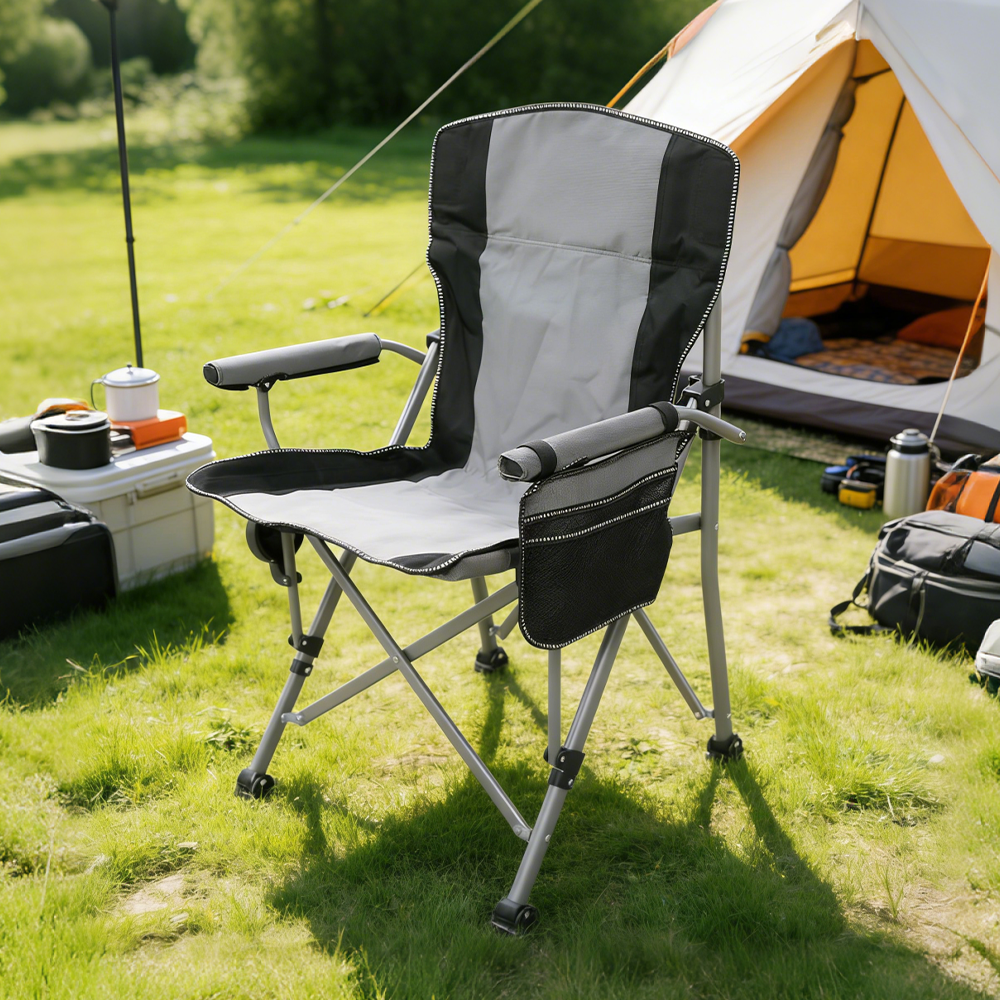 Easy Folding High-Back Portable Camping Chair Sturdy Steel Frame with Cup Holder Metal Garden Chair