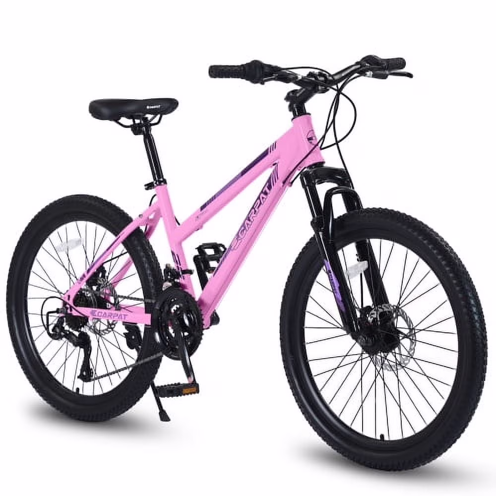 POWANLI 26 Mountain Bike for Women, 21 Speeds Mountain Bicycles with Dual Disc Brakes and 100mm Front Suspension, Pink(Gift)
