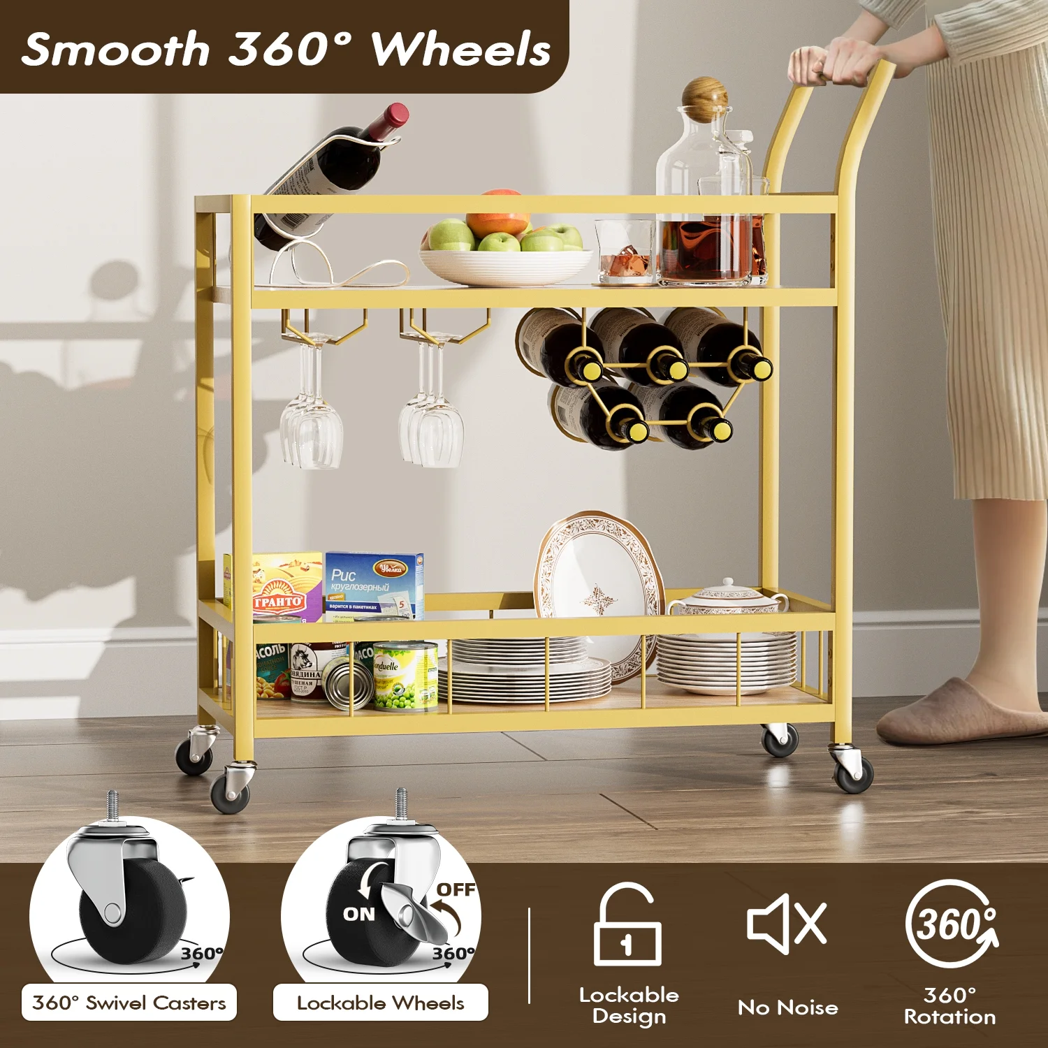 Bar Cart Home Industrial Mobile Bar Cart Serving Wine Cart on Wheels with Wine Rack and Glass Holder 2 Wood Storage Shelves for Living Room, Kitchen, Party (Gold)(Gold) - Image 6