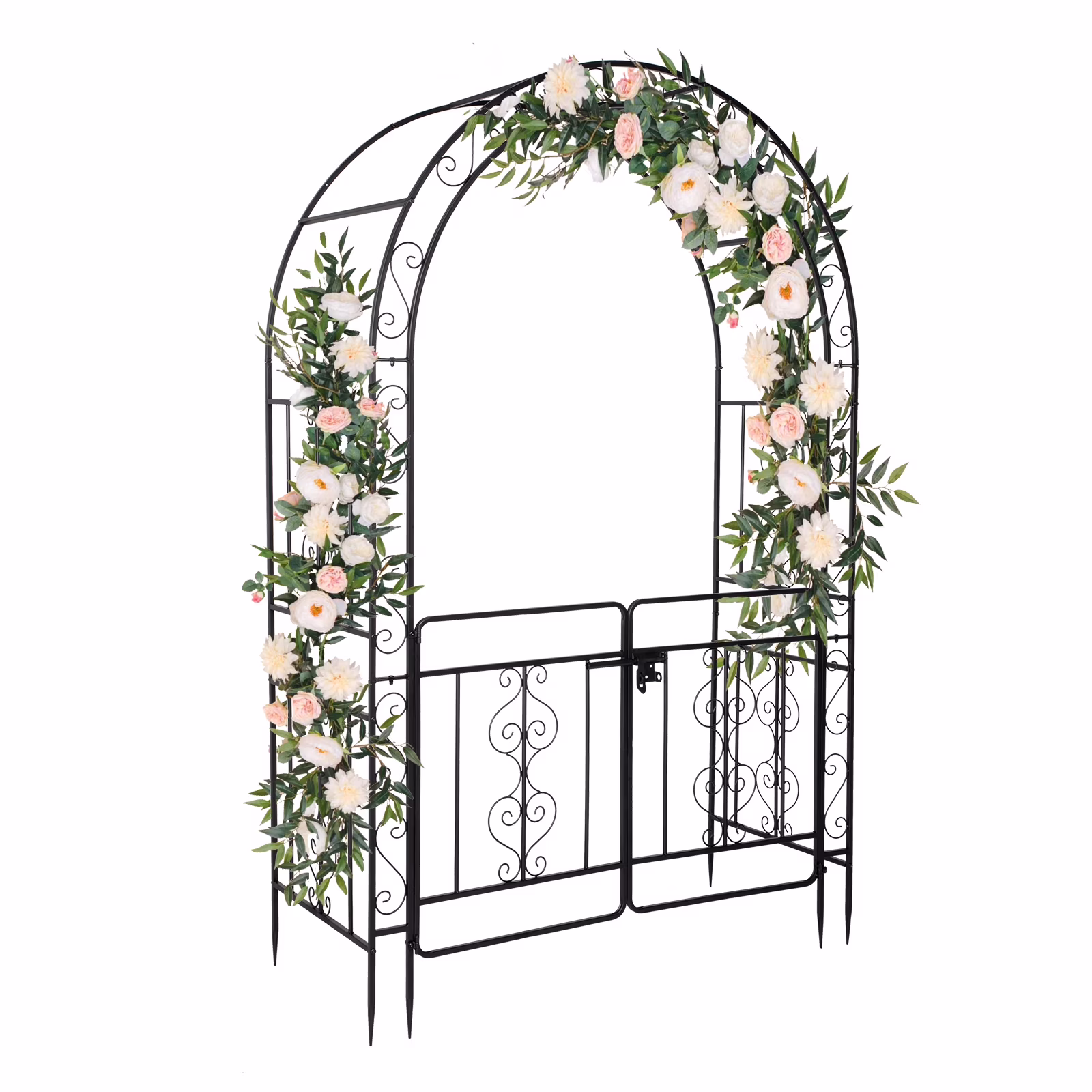 Qiushi 7FT Garden Arch Arbor with Entry Door, Heavy Duty Metal Arbour Archway, Decorative Frame Stand Trellis with Ground Stakes for Wedding Ceremony Party Plant Climbing Rose Vines Patio, Black