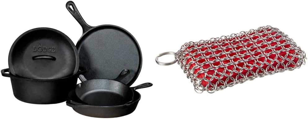 Seasoned Cast Iron 5 Piece Bundle with Cast Iron Scrubbing Pad