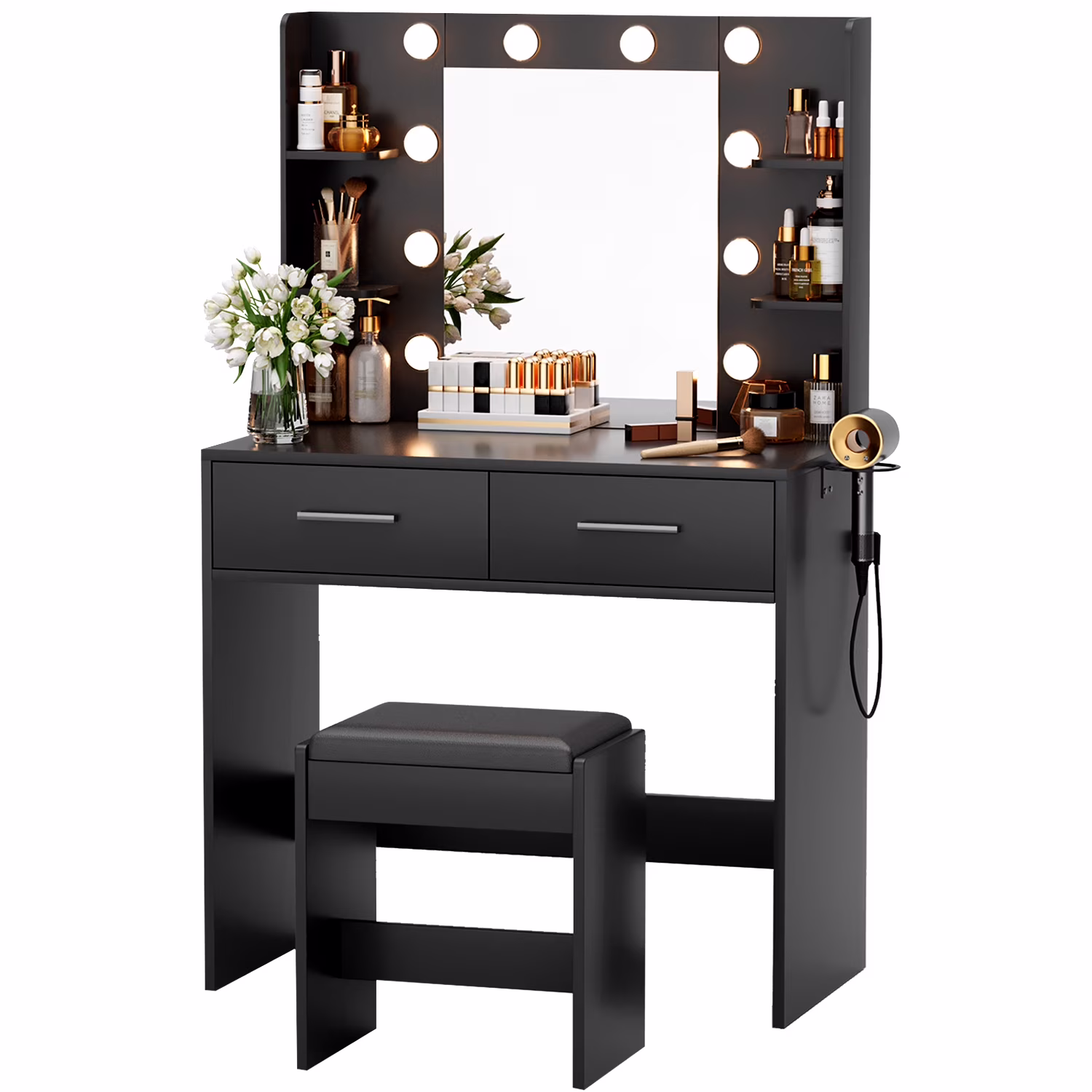 Makeup Vanity Desk with Lighted Mirror Power Outlet, Makeup Vanity with stool,White(White/2 Pack) - Image 4