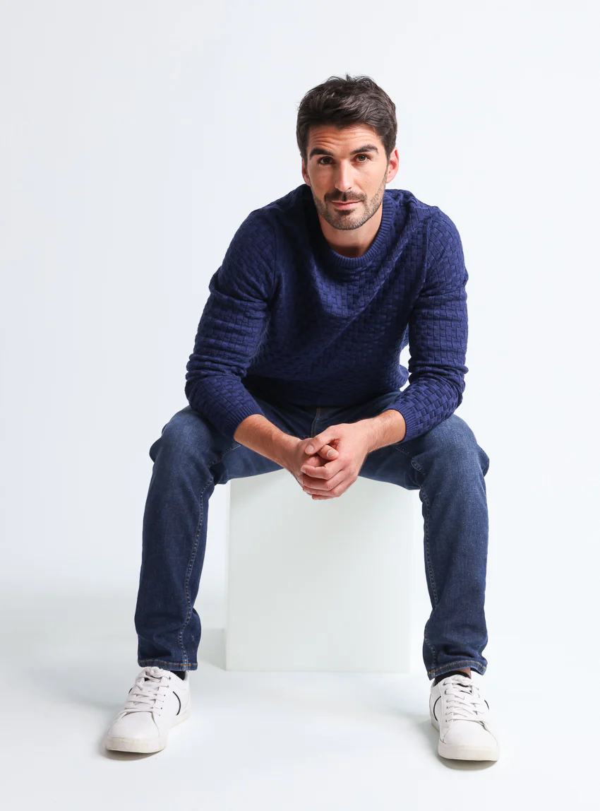 Pull homme damier en laine bleu amiral