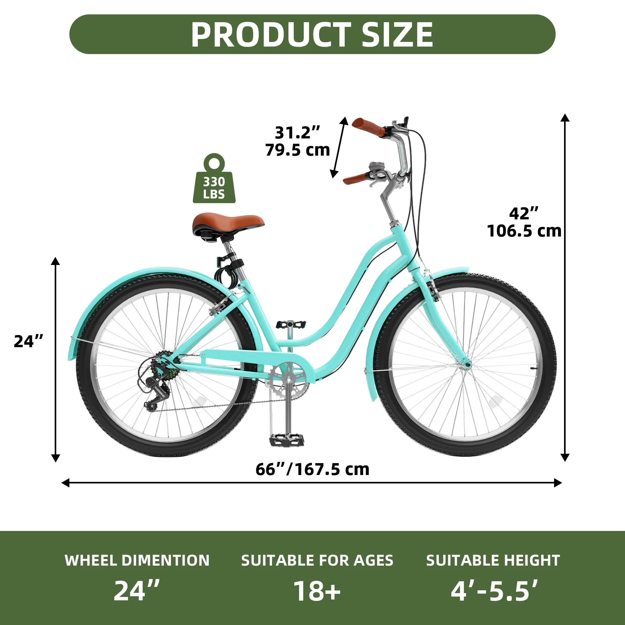 Uforic24'' Beach Cruiser Bike, 7 - Speed, Step - Through Bicycle for Men & Women, Steel Frame, Mint Green