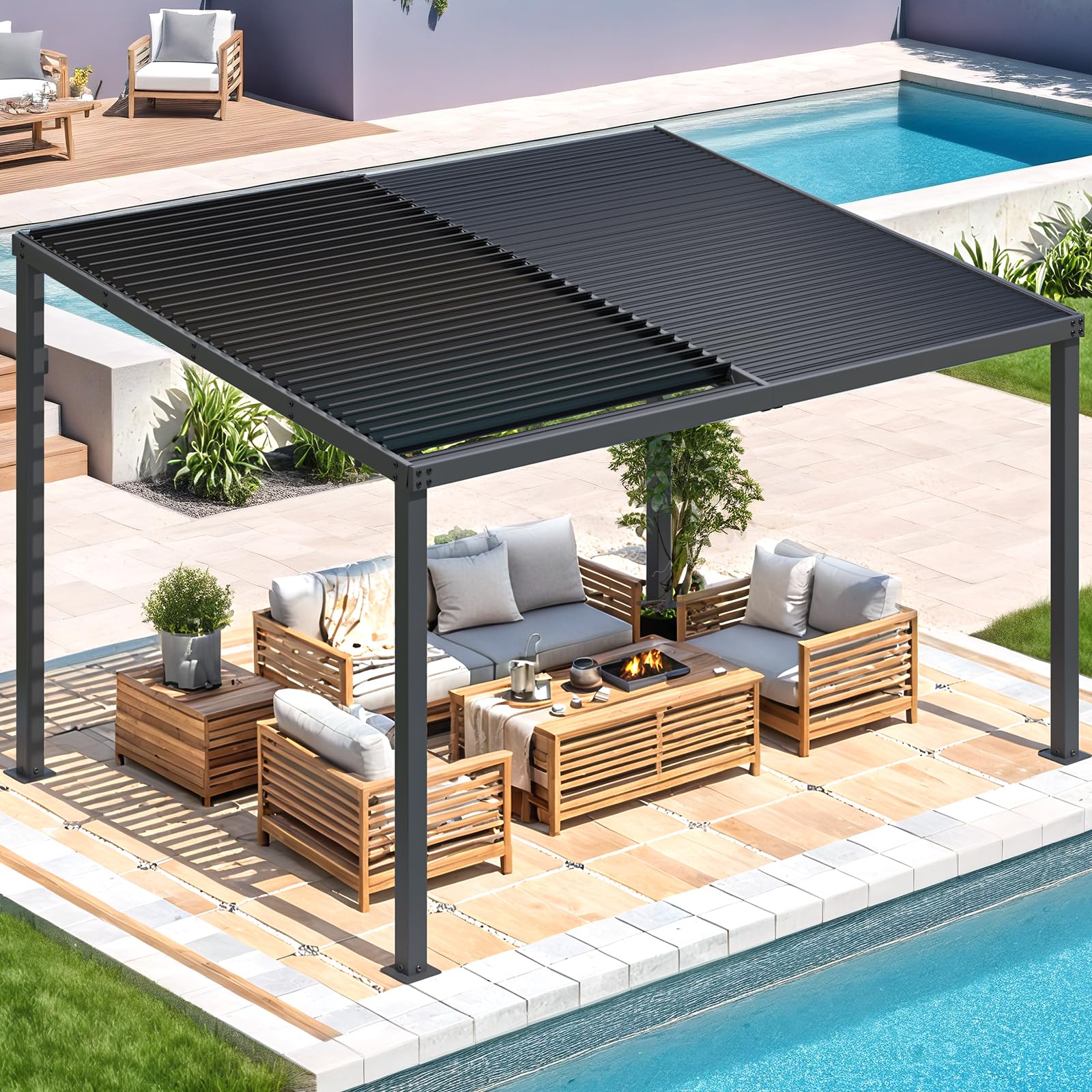 AECOJOY 13' x 10' Louvered Gazebo Pergola, Outdoor Hardtop Wall-Mounted Lean to Gazebo