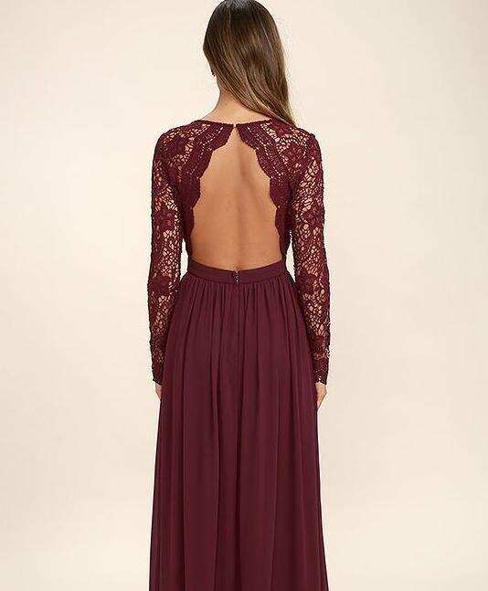 Lace Chiffon Bodice Burgundy Prom Dress,Long Simple Bridesmaid Dress with Long Sleeves DM381