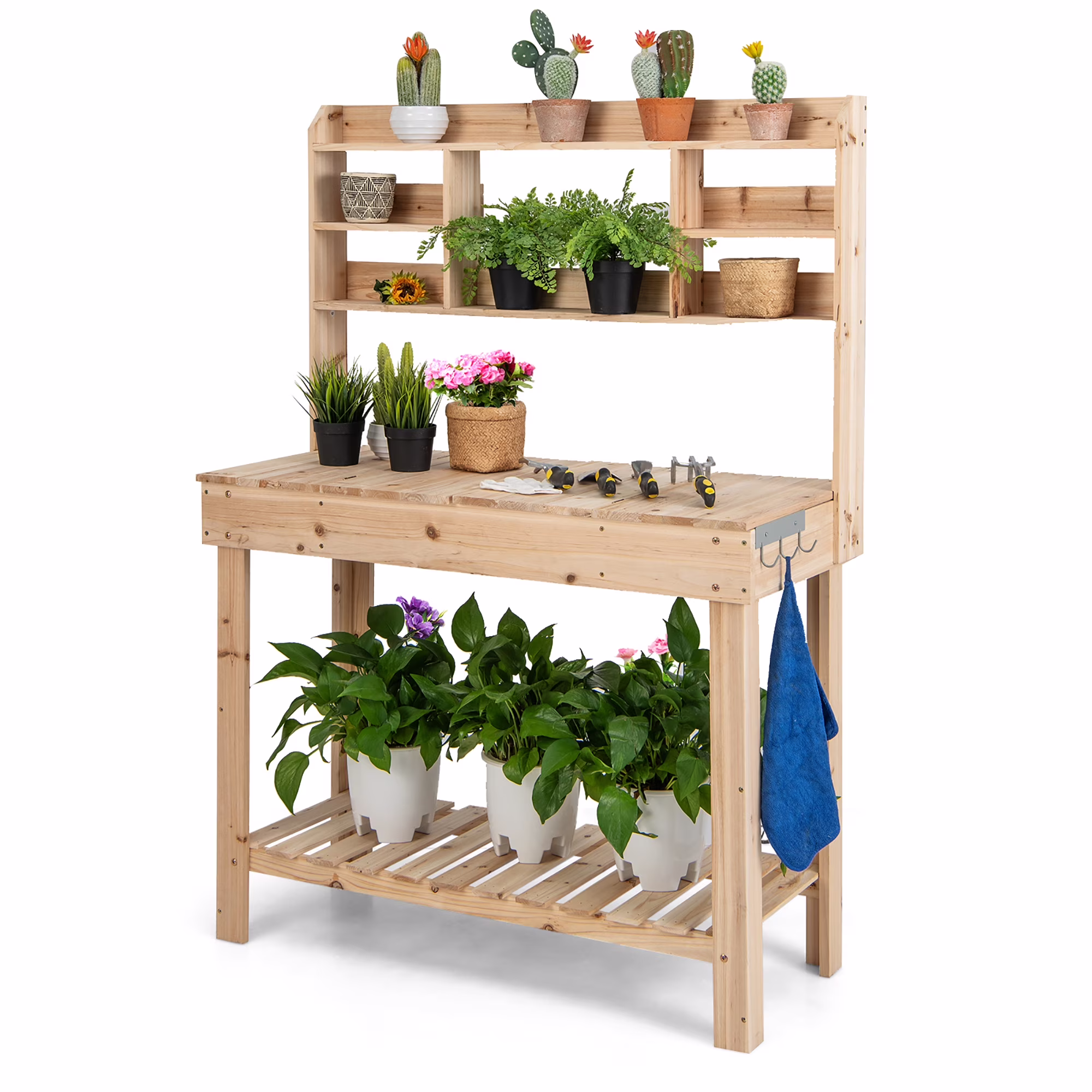 Costway Potting Bench Table Wooden Garden Work Bench Platform with Display Rack Hidden Sink