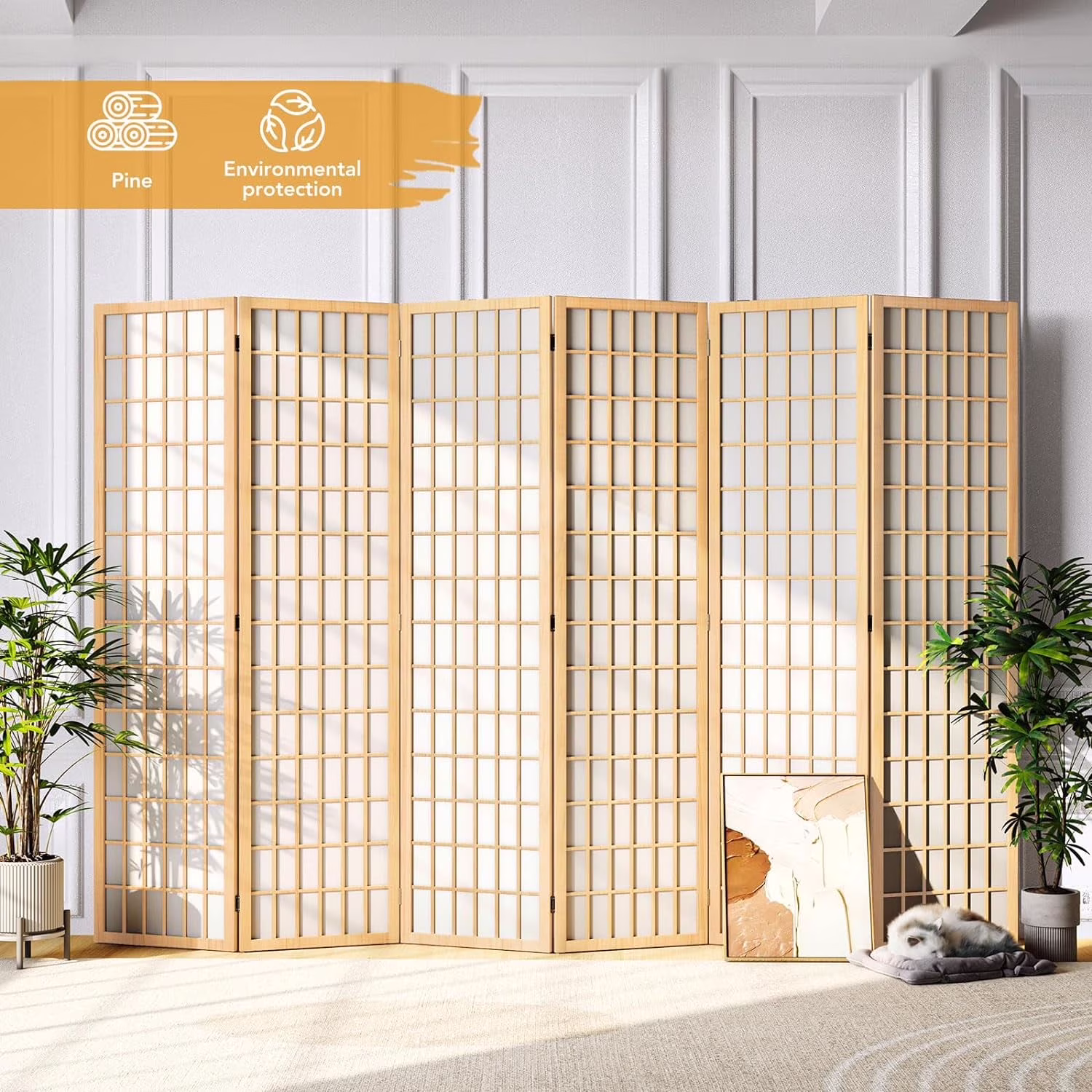 Room Divider Wall Shoji Screen, 6 Panel Folding Privacy Screen for Room Separation, Japanese Wood Room Divider Screen, 5.9 Ft, Natural(6 Panels/Nature)