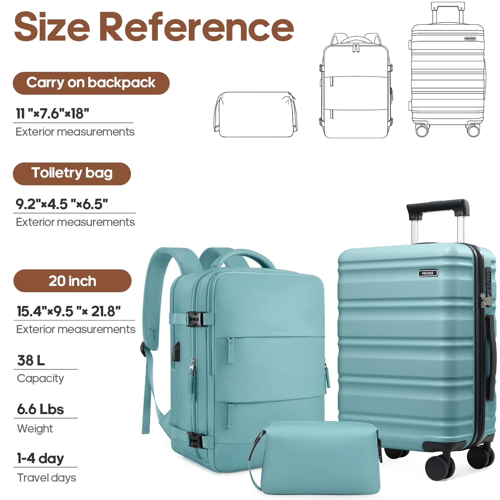 Luggage Sets 3 Piece, 20 Inch Carry On Luggage with Wheels, 100% PC Hardshell Suitcase with TSA Lock, Carry On Suitcases Airline Approved With Travel Backpack for Men Women(3 Piece Set-Light Blue) - Image 10