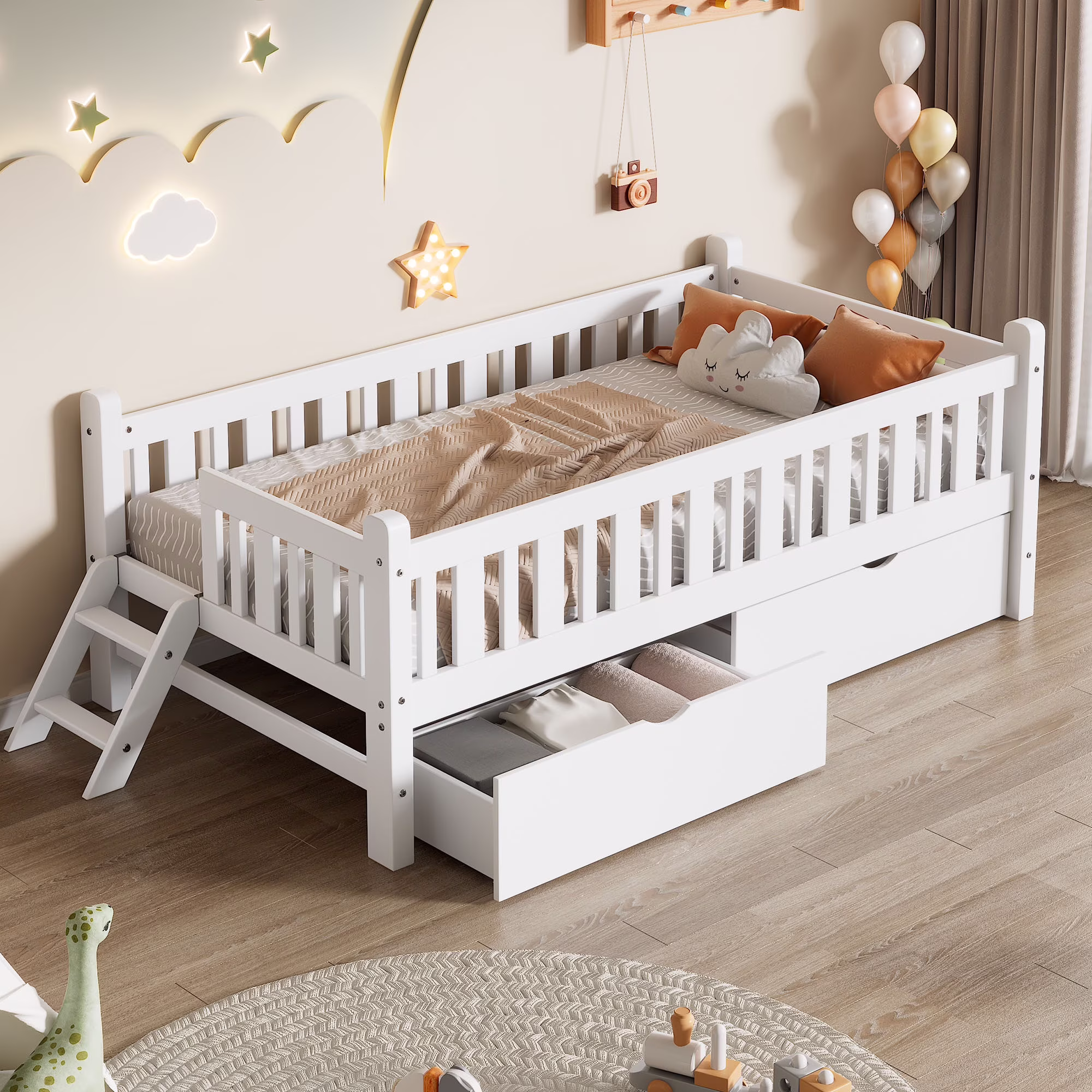 Wood Twin Size Platform Bed with 2 Drawers and Ladder for Kids and Toddlers, White(White)