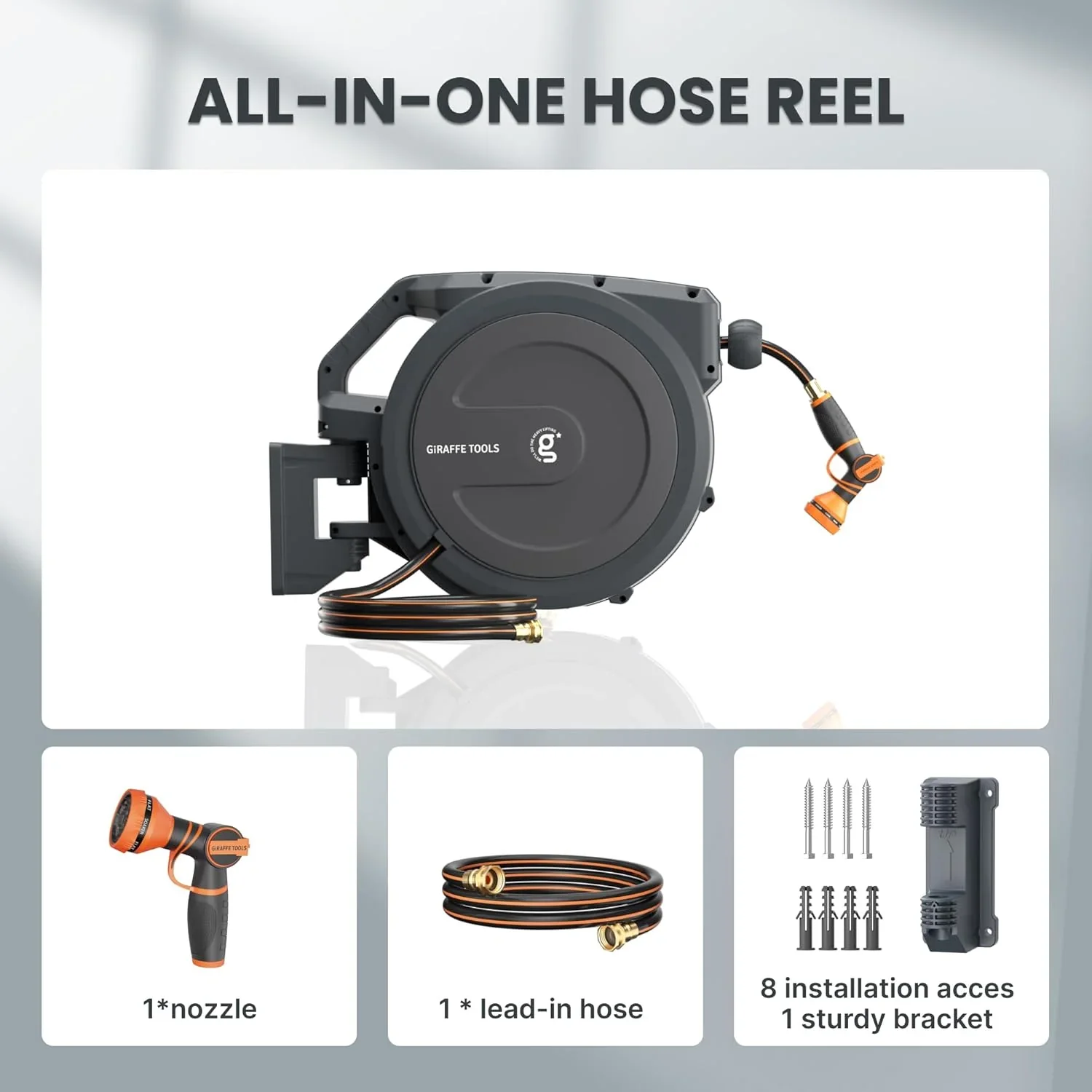 Giraffe Tools Retractable Garden Hose Reel with 1/2in-100ft Water Hose, Plastic Bracket, Wall Mounted, Dark Grey