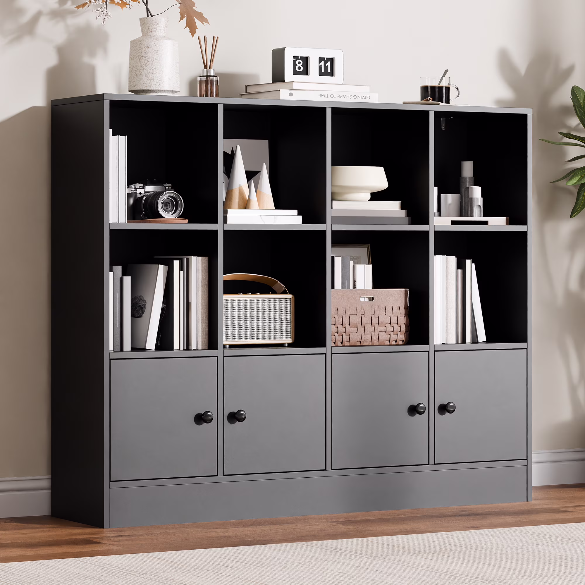 3-Tier Open Cube Bookcase with 12 Cubes and 4 Doors, Adjustable Shelves, White(White) - Image 7