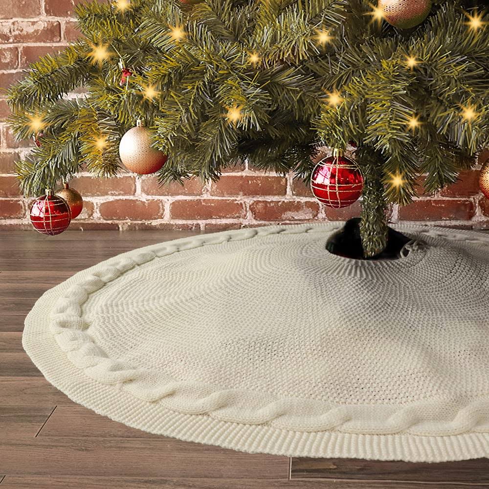LimBridge Knitted Christmas Tree Skirt: 48 Inches Cream White Tree Skirt, Chunky Cable Knit Thick Rustic Christmas Tree Decorations, Farmhouse