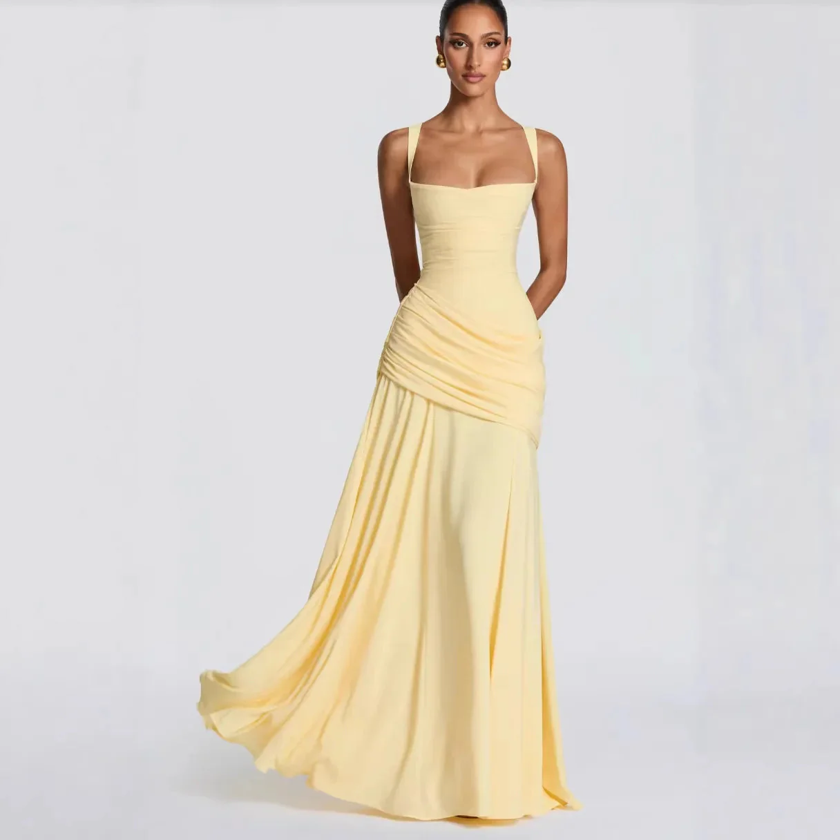 Robe Maxi Jaune Drapée Froncée pour Femme