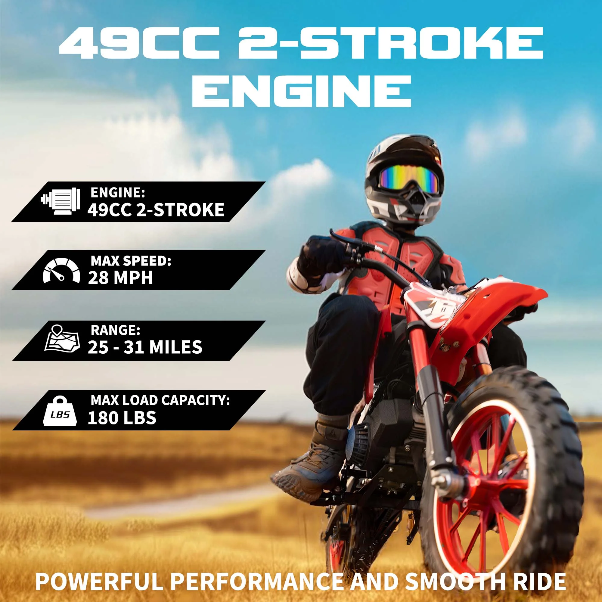 49CC Kids Dirt Bicycle, 2-Stroke Gas Powered Off Road Motorcycle, Tire Shock Absorber Spring Soft Seat Cushion with Front and Rear Disc Brake, Max Speed 28 MPH(Basic) - Image 7