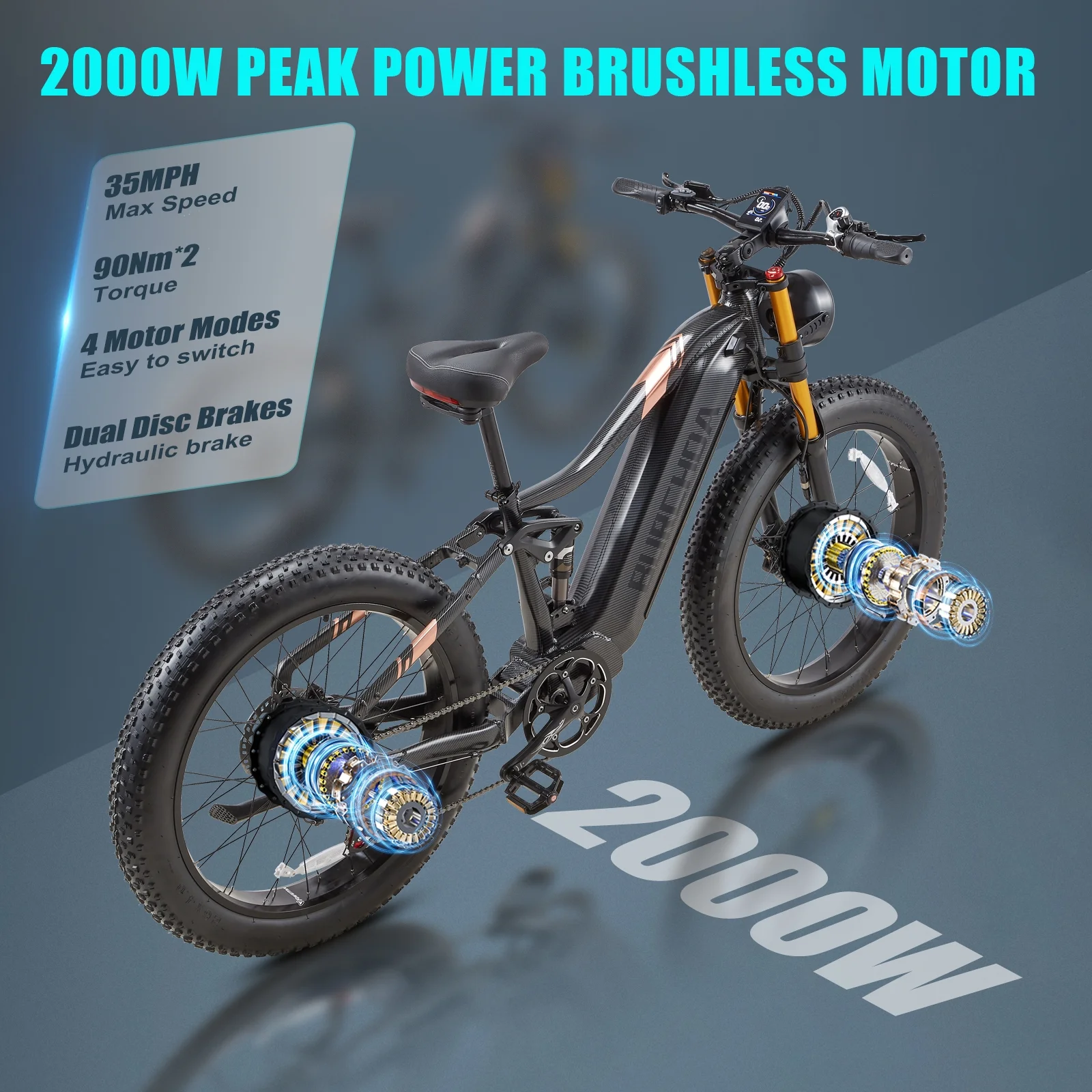 Dual Motors AWD 2000W Electric Bike for Adult 26'', UL2849 48V 60AH Removable Battery E-mountain bike 4'' Fat Tire up to 35MPH200Miles Long Range Off Road Ebike Beach Dual HydraulicBrakes E-Bicycle(AWD HC26 Dual battery(30Ah*2)) - Image 6