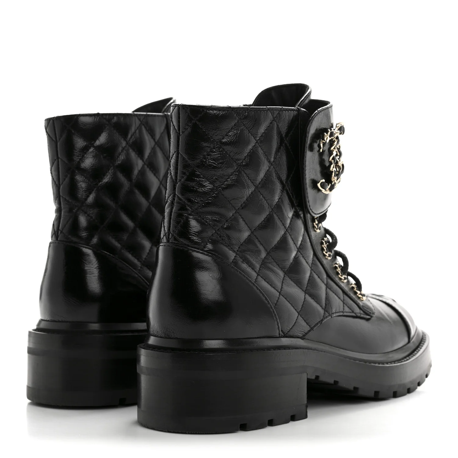 Shiny Lambskin Quilted Lace Up Combat Boots 37 Black