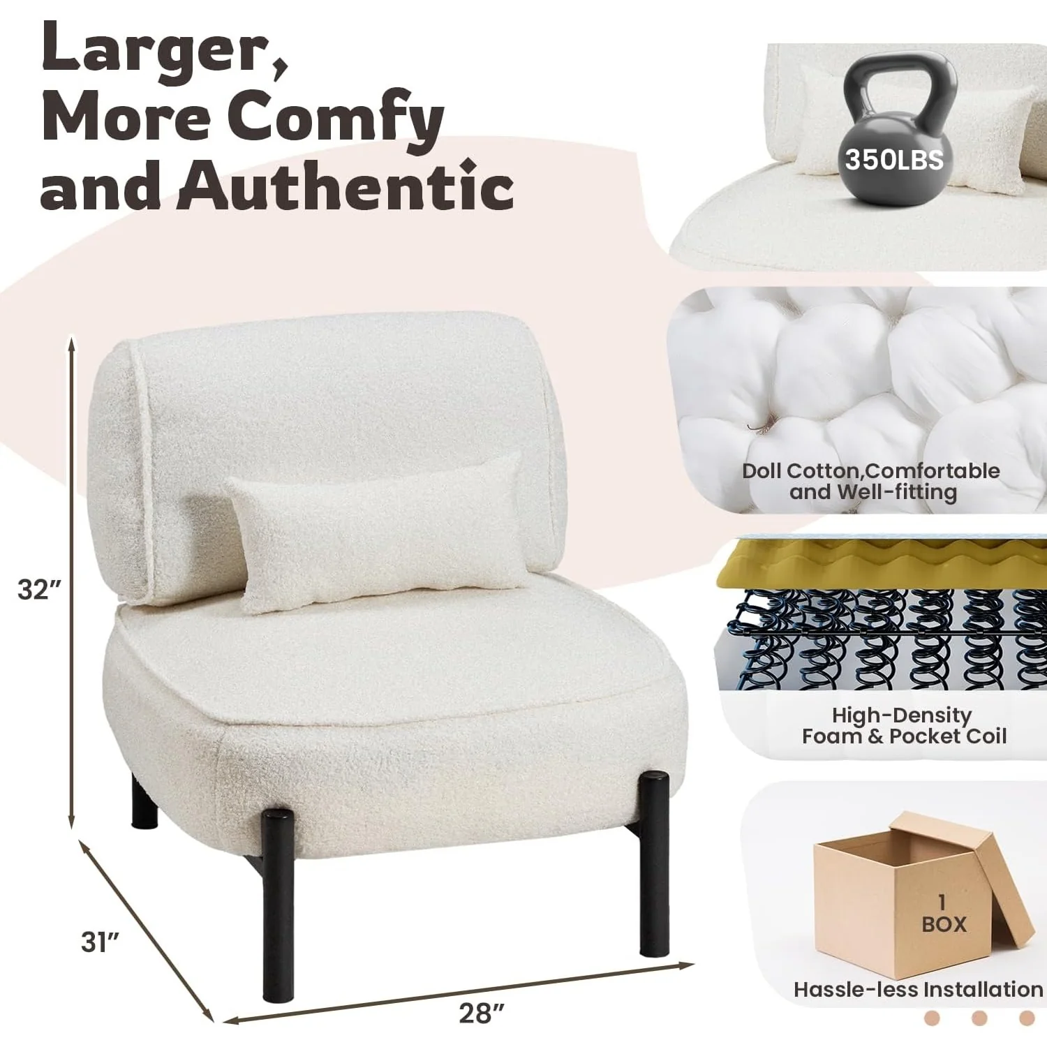 AECOJOY Mid Century Modern Accent Chair, Extra Large Teddy Upholstered Lounge Chair with Pillow