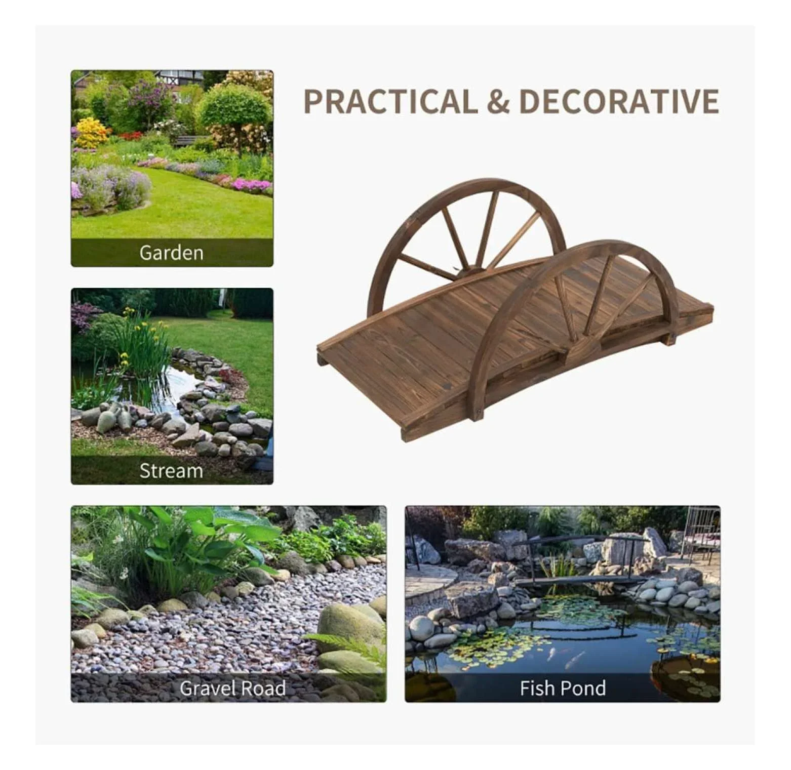 3.3ft Wooden Garden Bridge Arc Footbridge with Half-Wheel Style Railings & Solid Fir Construction, Stained Wood