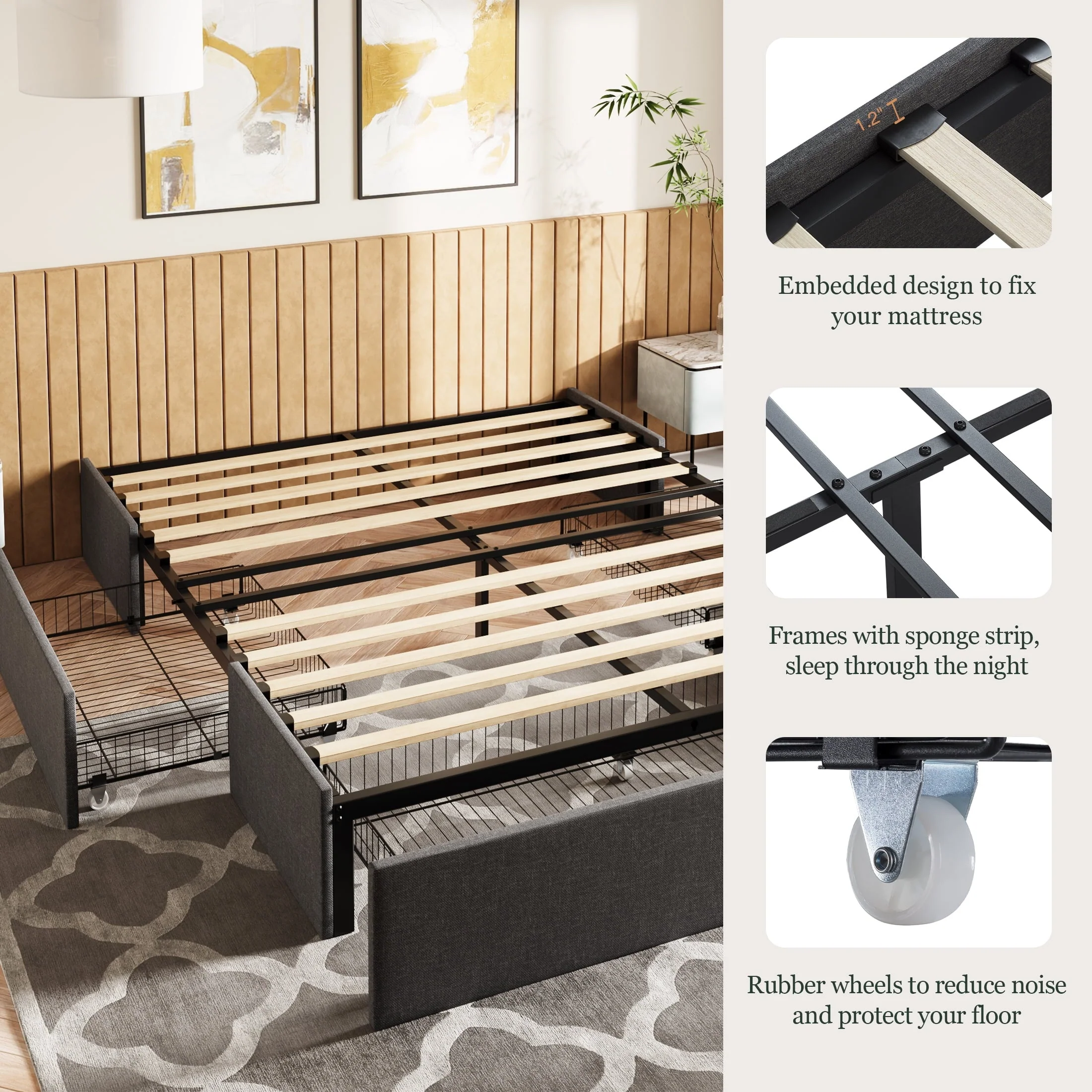 Amolife Queen Size Upholstered Platform Bed Frame with 3 Storage Drawers and Wooden Slats, Dark Grey Image 5