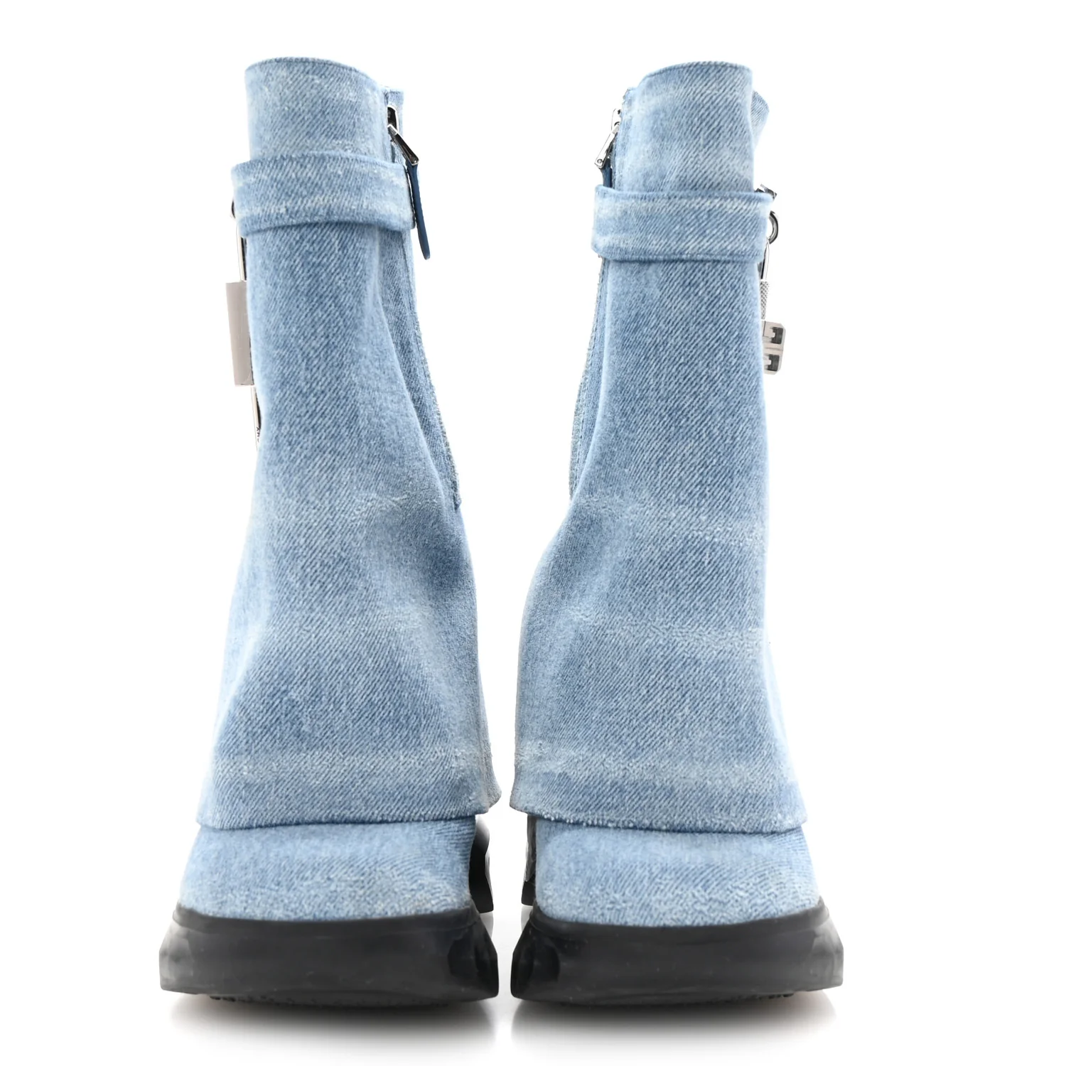 Washed Denim Shark Lock Biker Ankle Boots 35 Blue