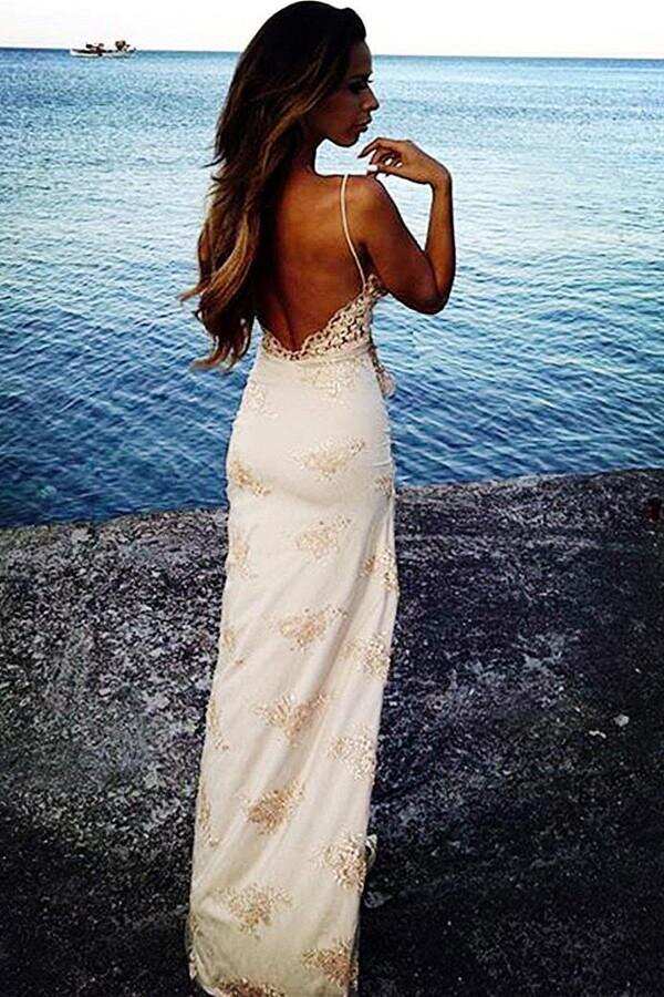 Sexy Spaghetti Straps Floor Length Backless Side Slit Appliques Prom Dress DM746