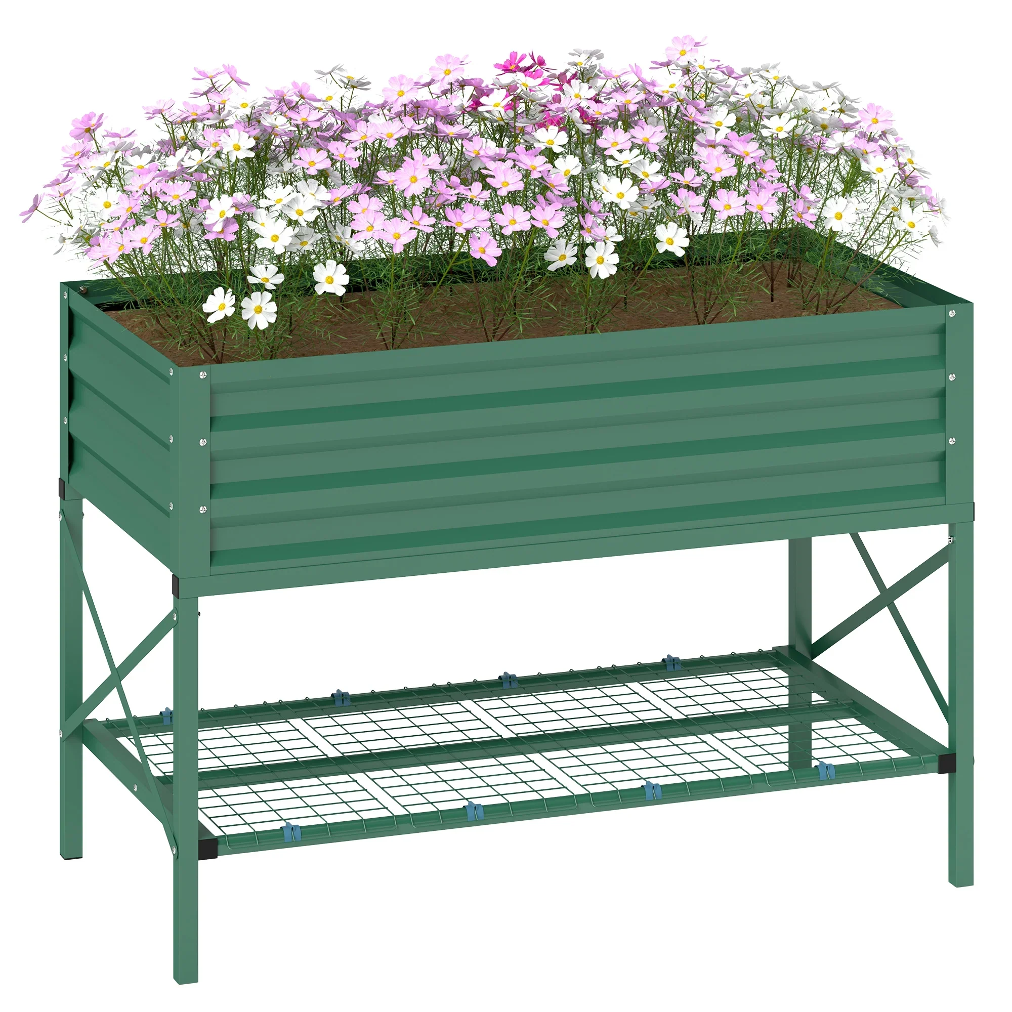 Outsunny Galvanized Raised Garden Bed, Metal Planter Box with Legs, Storage Shelf and Bed Liner, Green