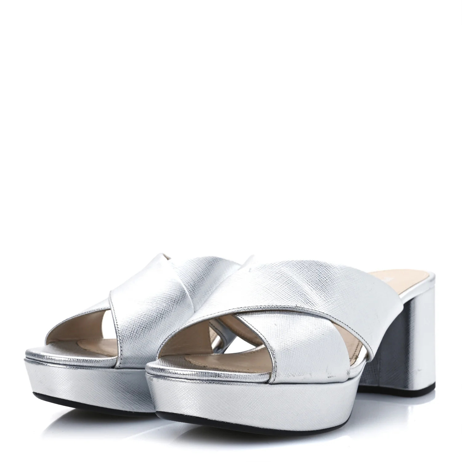 Metallic Saffiano Crisscross Platform Sandals 41 Silver