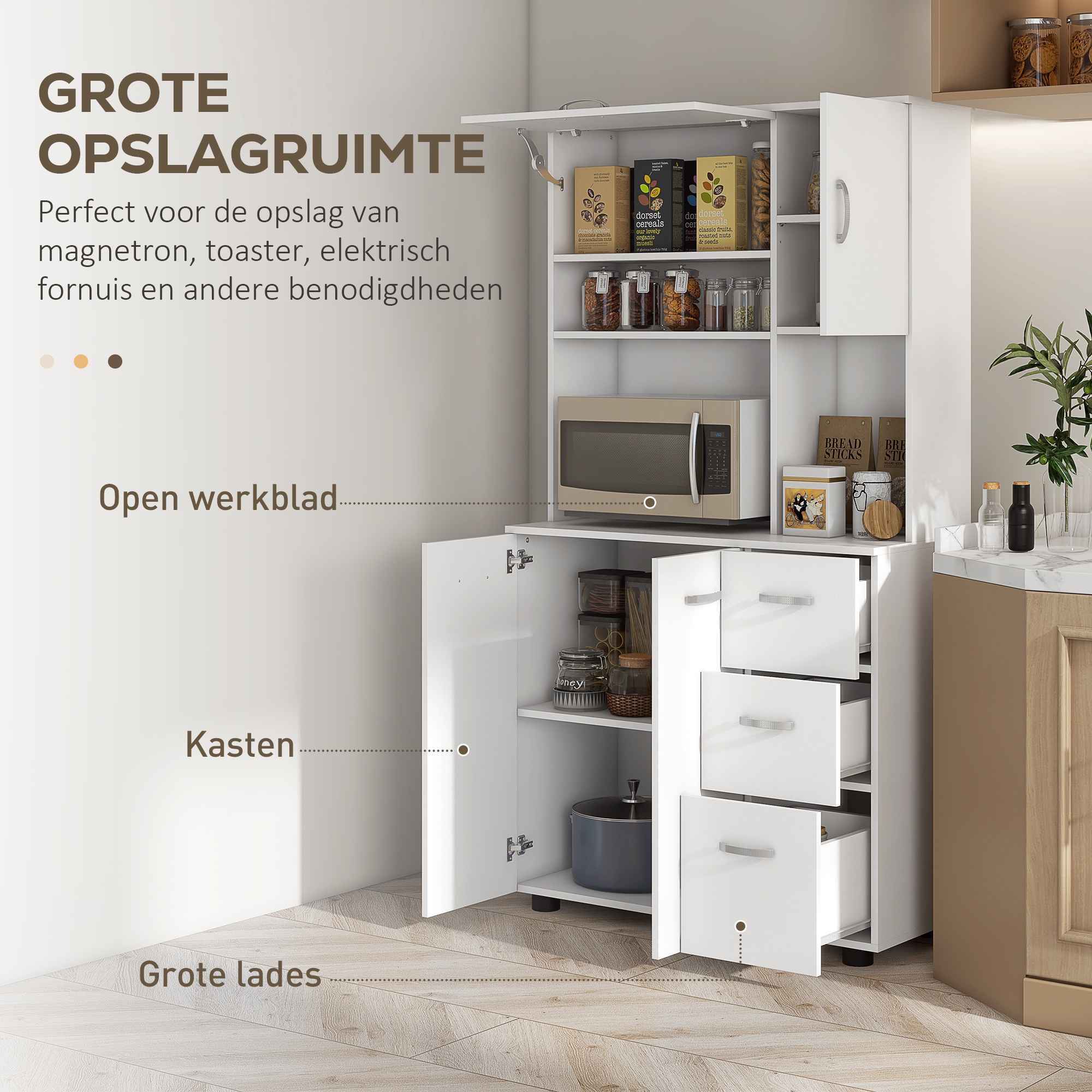 HOMCOM Keukenkast, Buffet, 3 Laden, 3 Planken, Veel Opbergruimte, 89x39,5x168cm, Wit