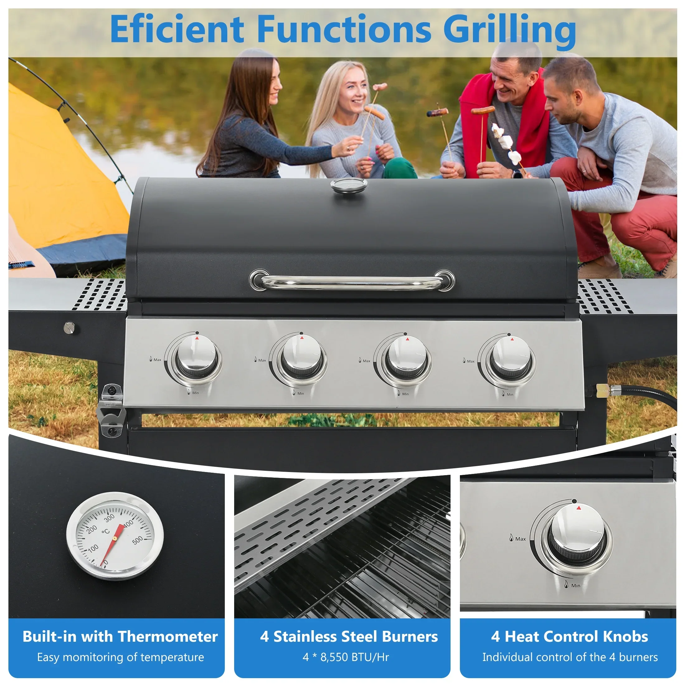 Segmart 3 Burner BBQ Propane Gas Grill, Stainless Steel 30,000 BTU Patio Garden Barbecue Grill with Folding Side Tables, Hanging Basket & Thermometer, Perfect for Camping, Outdoor Cooking
