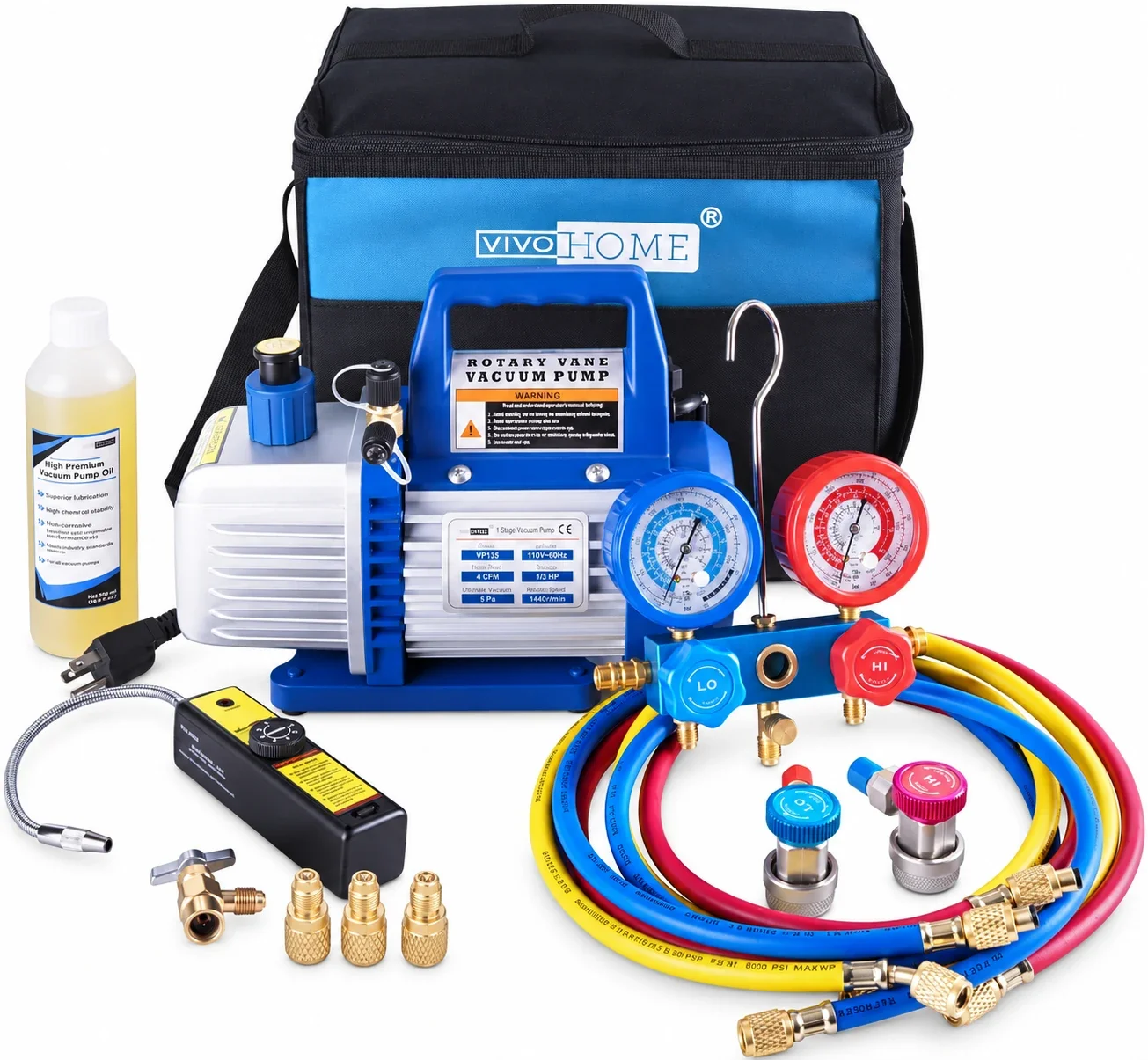 SPECSTAR 110V 1/3 HP 4 CFM Single-Stage Vacuum Pump and R134a AC Manifold Gauge Kit, Leak Detector and Bag, ETL Listed