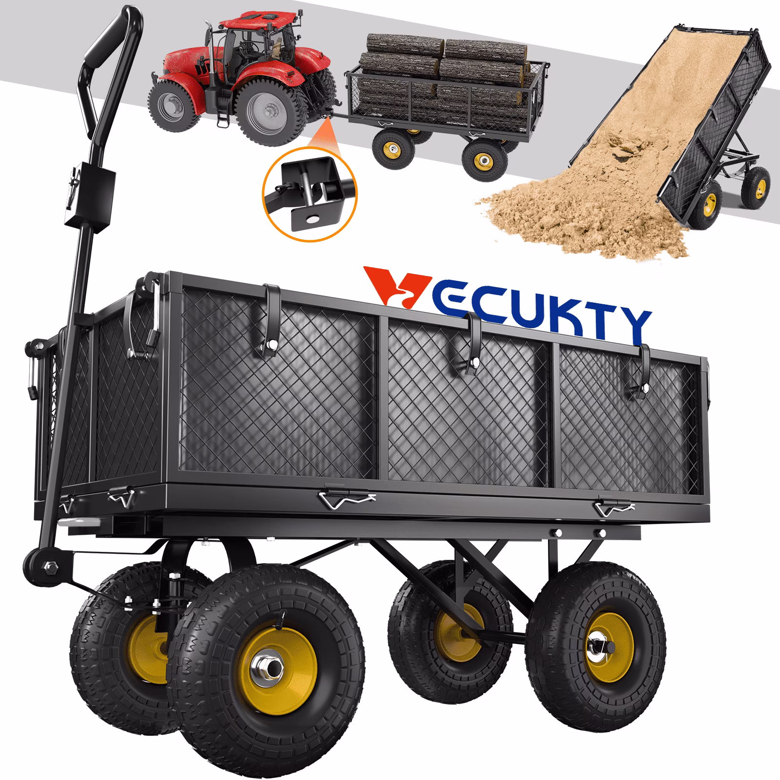 VECUKTY Heavy Duty Steel Dump Garden Cart with Liner, 900lbs Wagon 3 Cu ft 10 Wheel, Black
