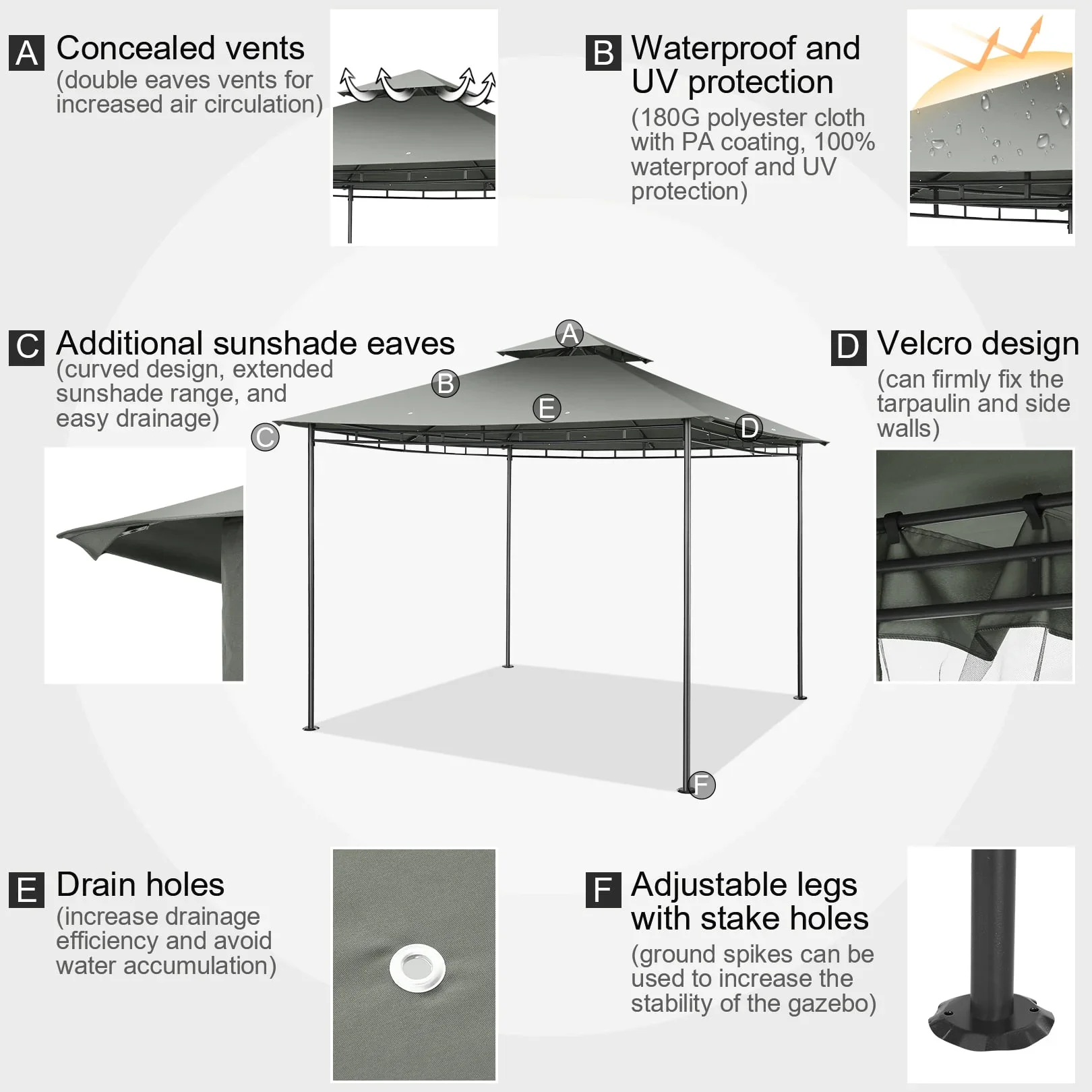 SANOPY 10' x 10' Gazebos for Patios, Gazebo Canopy with 4 Mosquito Netting, Rainproof & Sunscreen Shelter Tent with Double Eaves for Garden Backyard and Deck