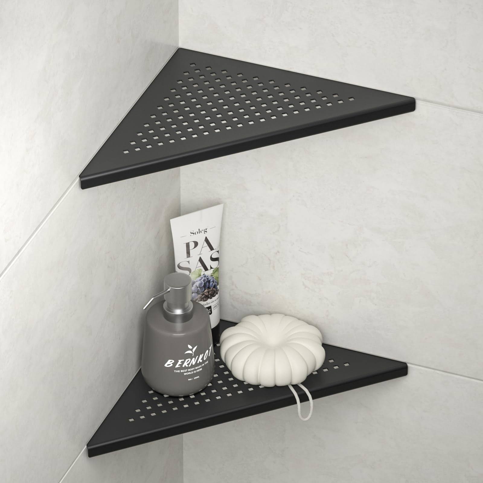 Bernkot Corner Shower Shelf 2 Pack, 304 Stainless Steel Tiled Shelves for Bathroom, 10'' Recessed Shelf Rack, No Drilling Needed (10'', Black)