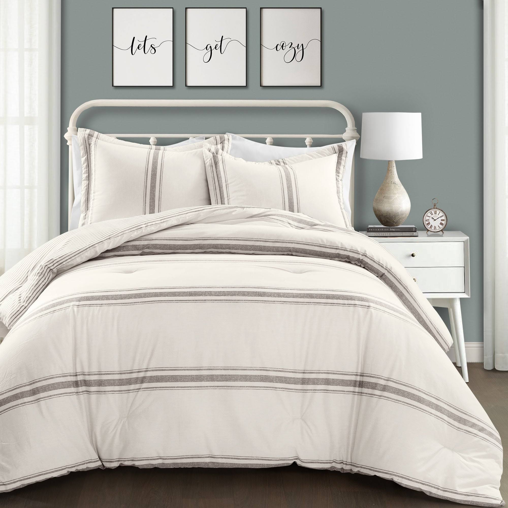Lush Decor Farmhouse Stripe 3-Piece Comforter Set - Gray - Full - Queen