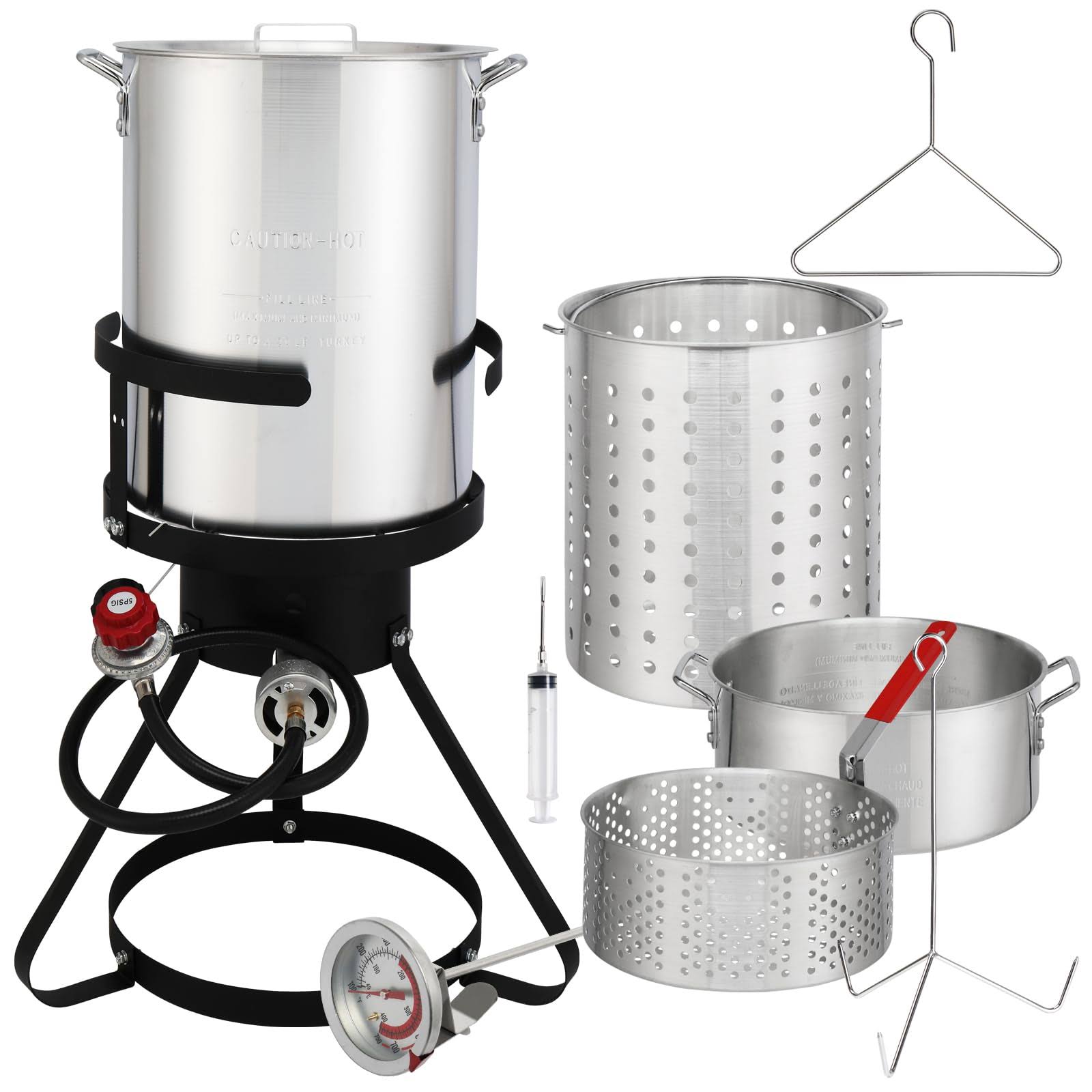 Kcelarec 30 qt Aluminum Turkey Deep Fryer Pot Boiling Lid Seafood Cajun GAS Stove Burner Stand Injector Thermometer 54,000 BTU