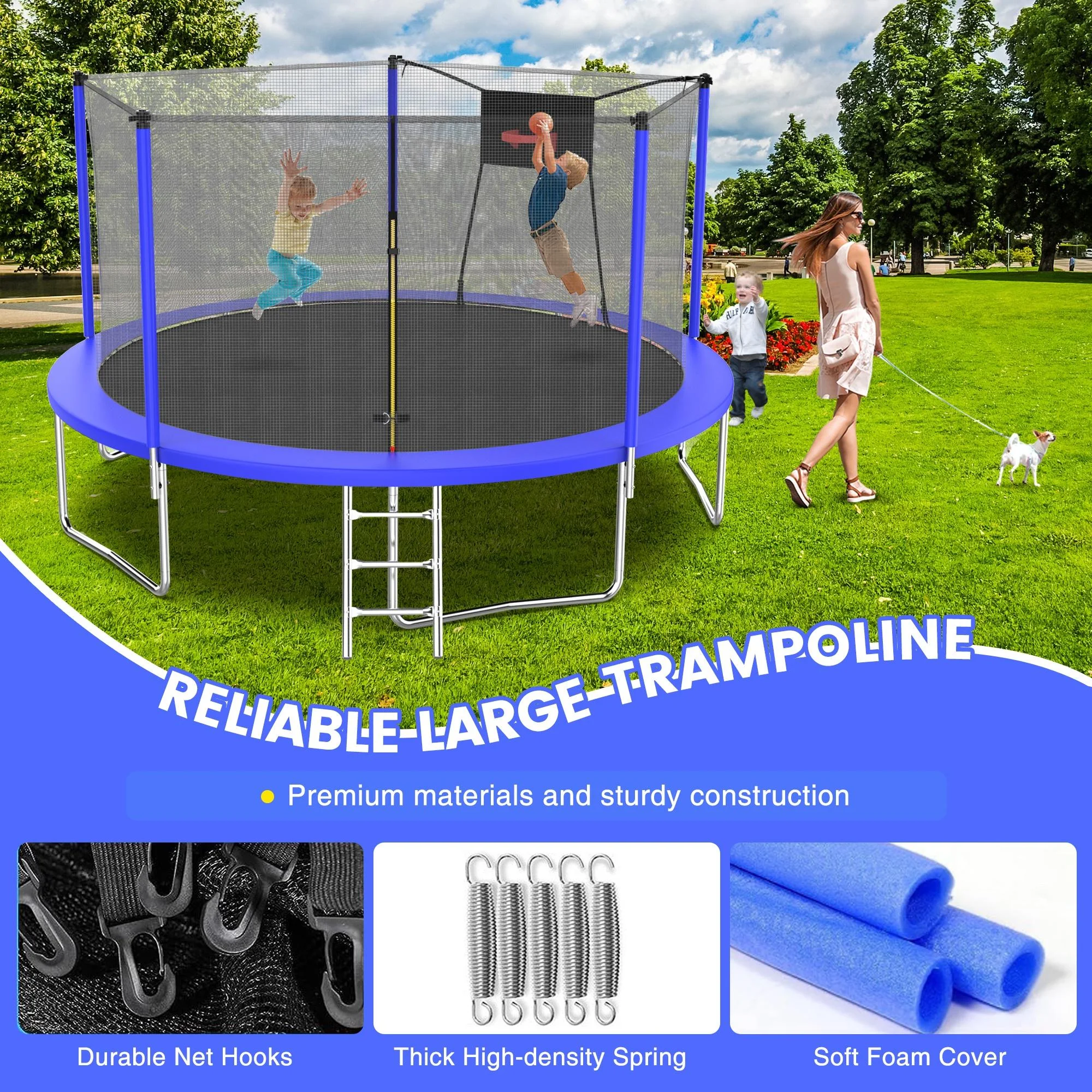 14FT Trampoline, 1320LBS Kids Trampoline with Basketball Hoop, Outdoor Adult Trampoline w/Enclosure Net Heavy-duty Supports(14FT-Blue) - Image 8