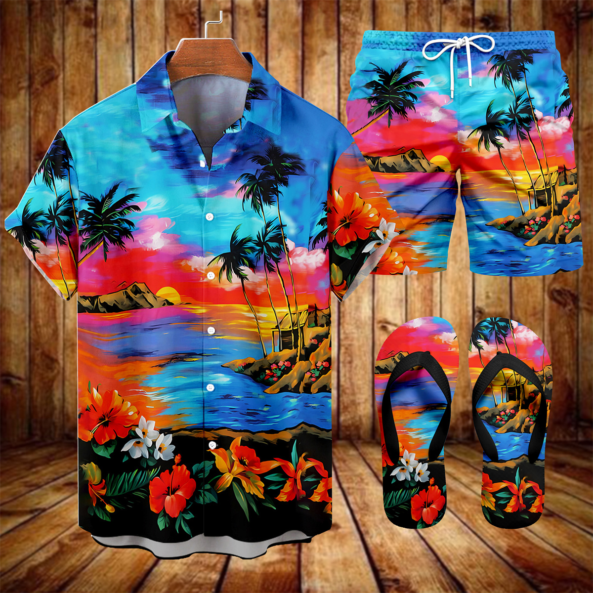 Ensemble trois pièces Suitmens pour homme, imprimé tiki hawaïen, motif vacances 036