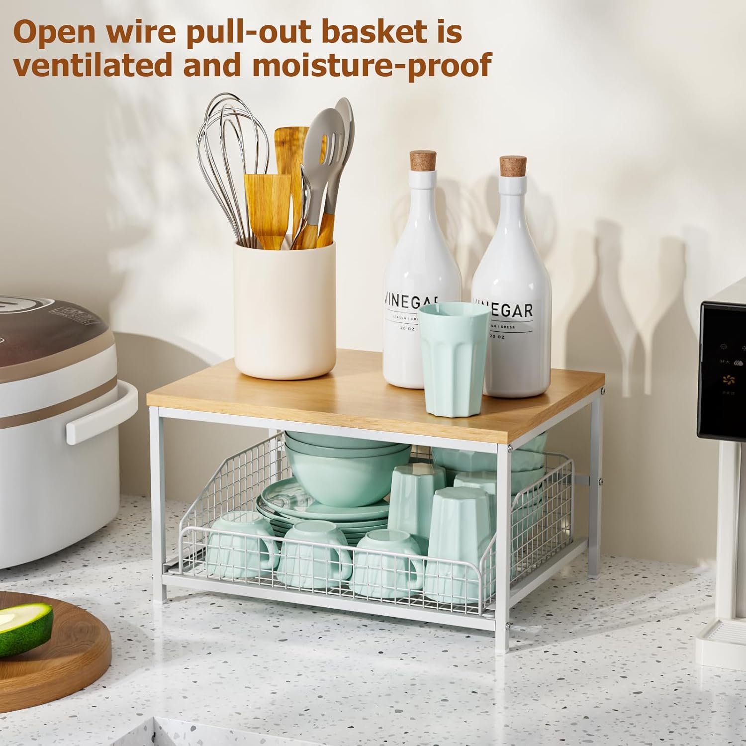 KLM Pull Out Spice Rack Organizer for Cabinet, Rustic Wood Top with Wire Basket Storage, Kitchen Countertop Organizer and Storage for Pantry, Counter Top, Coffee Station WoodNatural