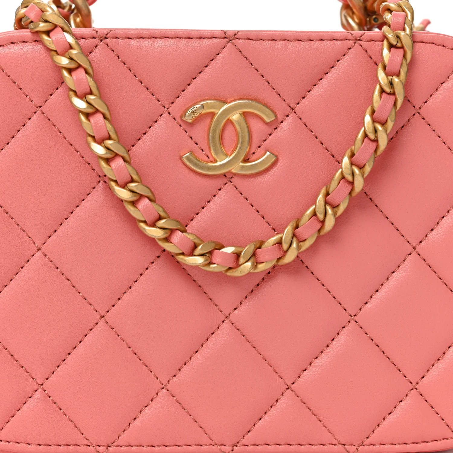 Lambskin Quilted Top Handle Small Vanity Case Pink