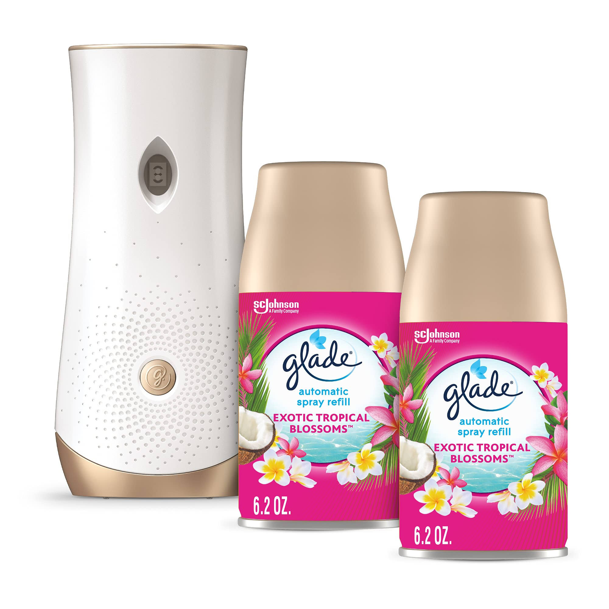 Glade Automatic Spray Refill and Holder Kit, Air Freshener for Home and Bathroom, Tropical Blossoms, 6.2 oz, 2 Count