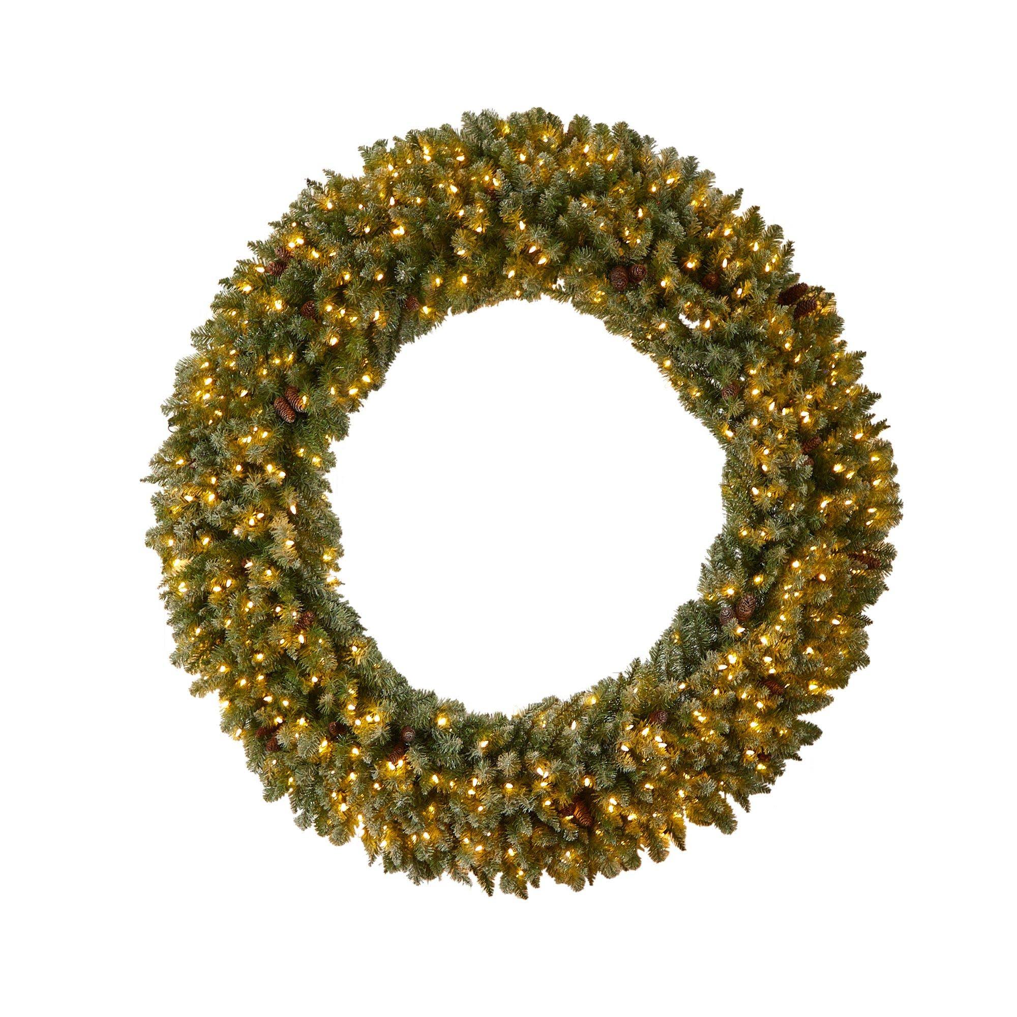 Nearly Natural 6ft. Giant Flocked Artificial Christmas Wreath with Pinecones, 400 Clear LED Lights and 920 Bendable Branches